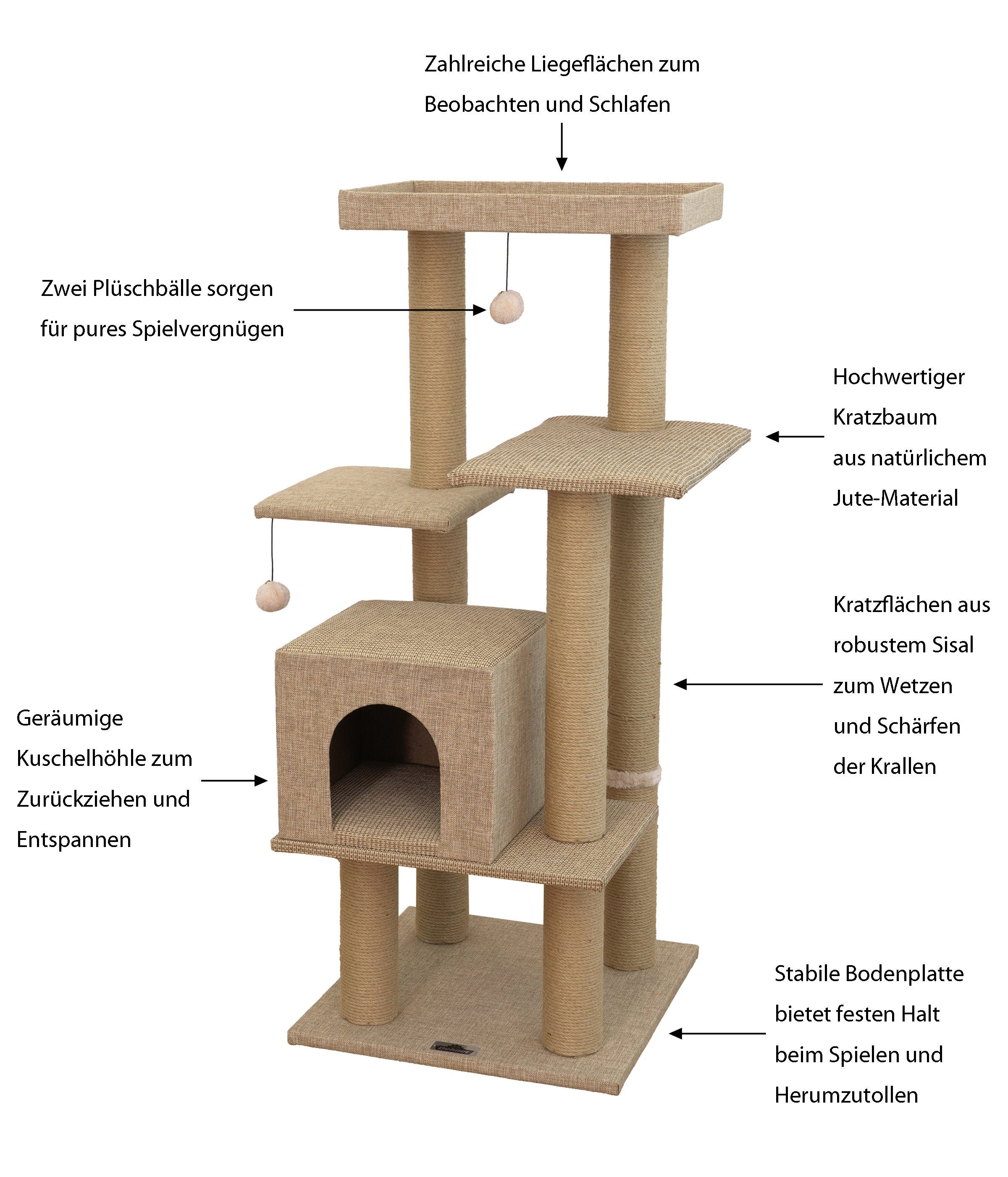 Dehner Kratzbaum Nele, ca. 122 x 50 x 50 cm, Jute, beige, robuster Kletterbaum auf fünf Ebenen mit integriertem Katzenspielzeug