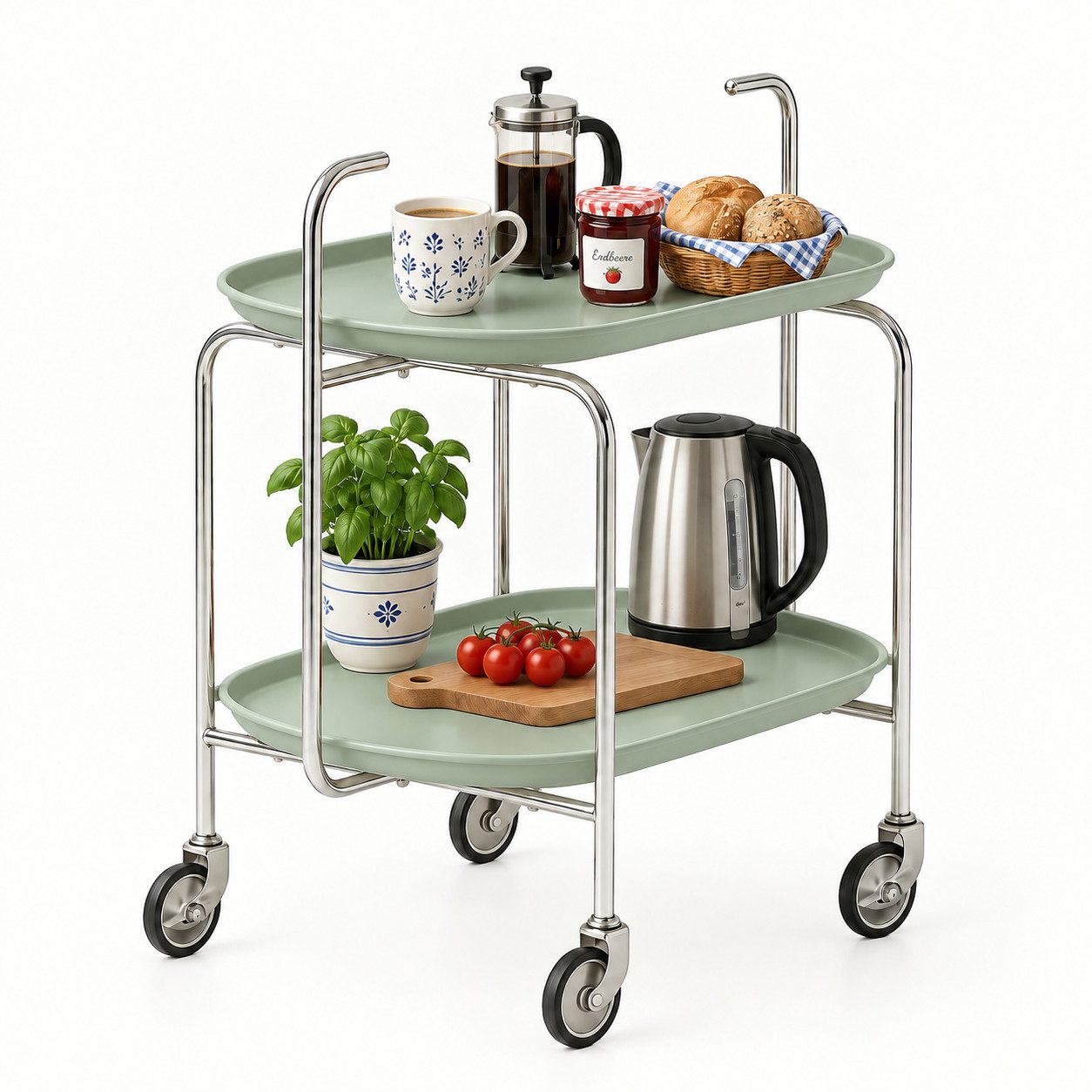 GLIESE POWER Küchenwagen – Flexibler Rollwagen mit 2 Ablagen für Küche, Wohnzimmer & Bad, 65x40x70 cm, Servierwagen mit 360° Lenkrollen und Bremsen