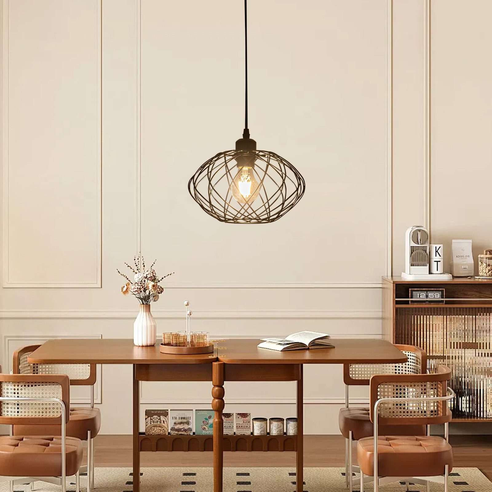 ZMH Pendelleuchte Esszimmer 120CM Schwarz Retro Kaefig Gitter E27 Hängeleuchte Flur, Einfache Installation, ohne Leuchtmittel, Fliegende Untertasse, 1 Flammig Retro Esstischlampe Wohnzimmer Treppenhaus