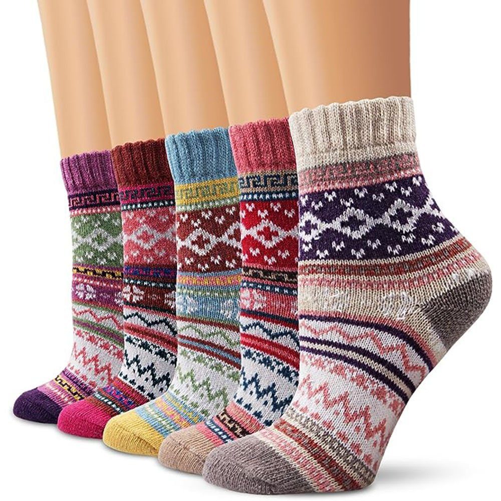 Wollsocken, warm GelldG Damen Wintersocken Socken Gemustert Socken weich atmungsaktiv 5 Paar