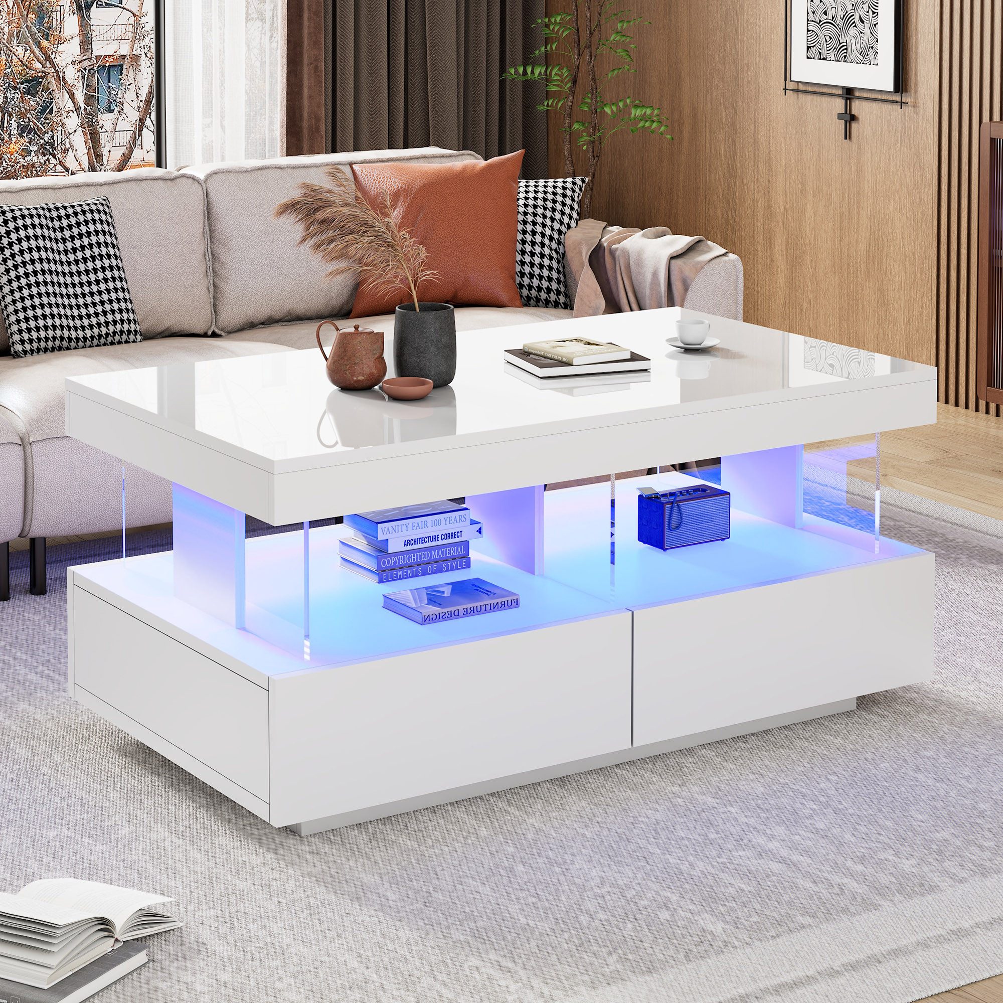 Merax Couchtisch mit LED-Beleuchtung und USB, Couchtisch mit 2 Schubladen,hochglänzender Tischplatte,Acyrltrennwände