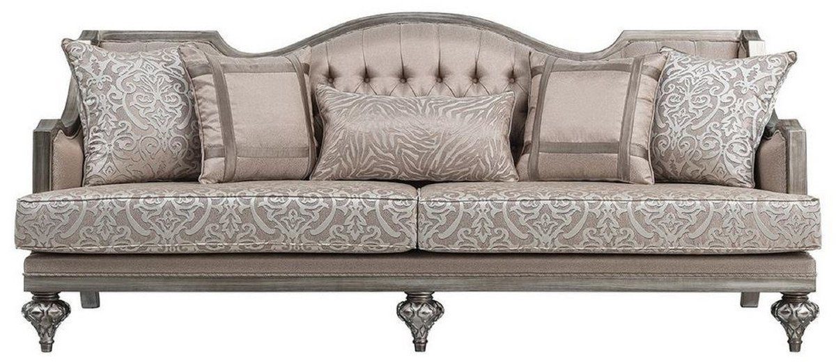 Casa Padrino Sofa Luxus Barock Wohnzimmer Sofa Rosa / Silber - Handgefertigtes Massivholz Sofa mit elegantem Muster und dekorativen Kissen - Wohnzimmer Möbel im Barockstil