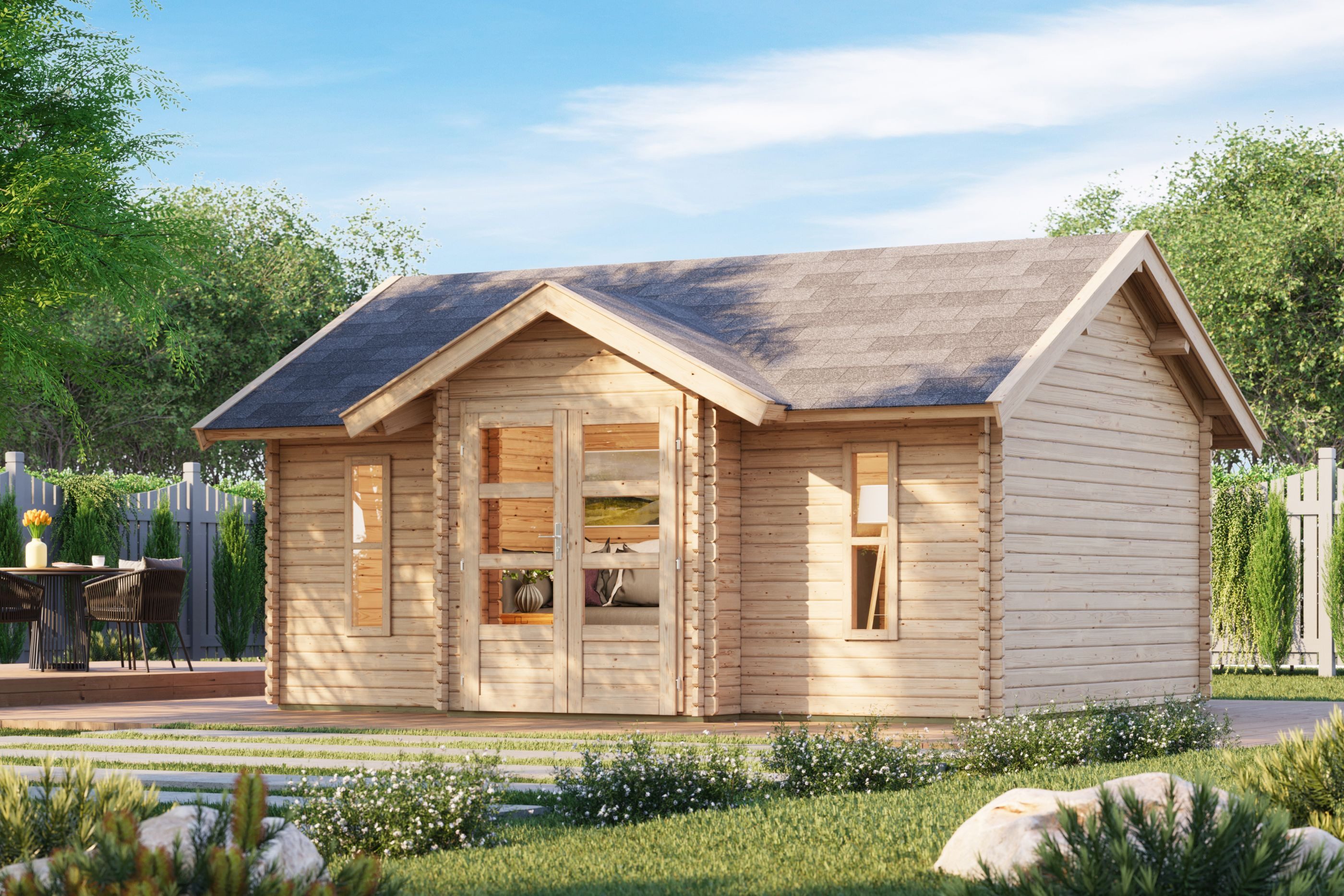 Karibu Gartenhaus Blockbohlenhaus, (1 Stück), 38 mm Wandstärke Firsthöhe 293cm Fläche 19m² inkl. Fußboden