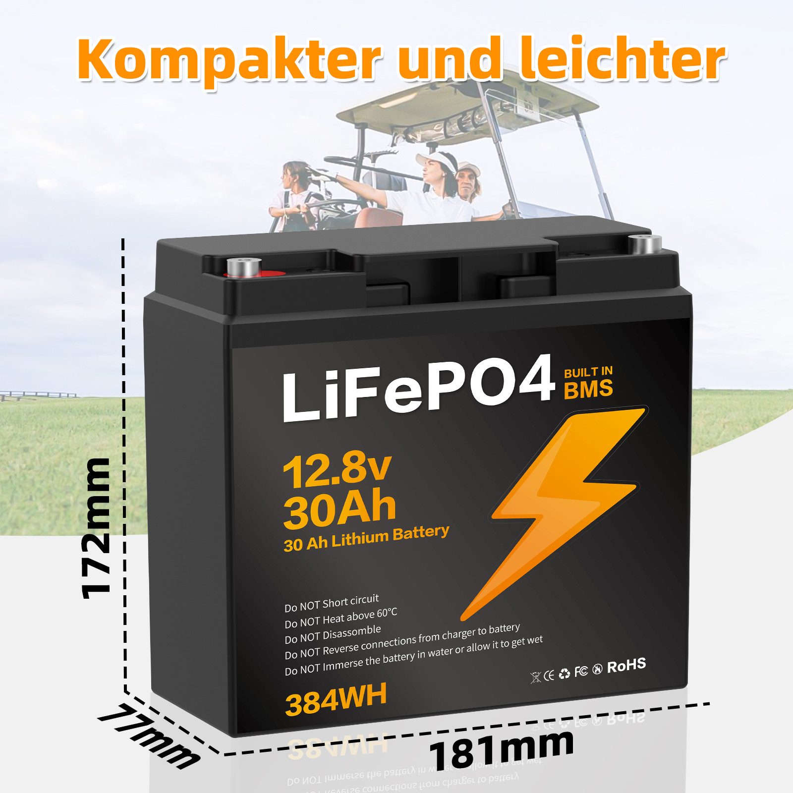 Blossom Akku 12V 30Ah Lithium-Eisenphosphat Akku mit Smart BMS IP67 LiFePO4 Batterie, wasserdicht Lithium Akku 384Wh 3000+ Zyklen für Solaranlage Camping