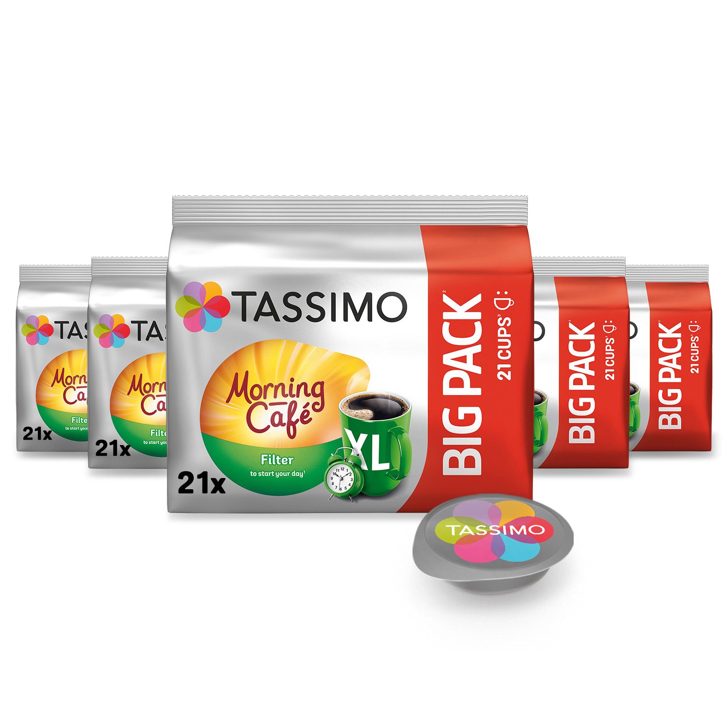 TASSIMO Kaffee Kapseln Morning Café Filter XL T Discs 5 x 21 Getränke, (Packung, 5er Pack)