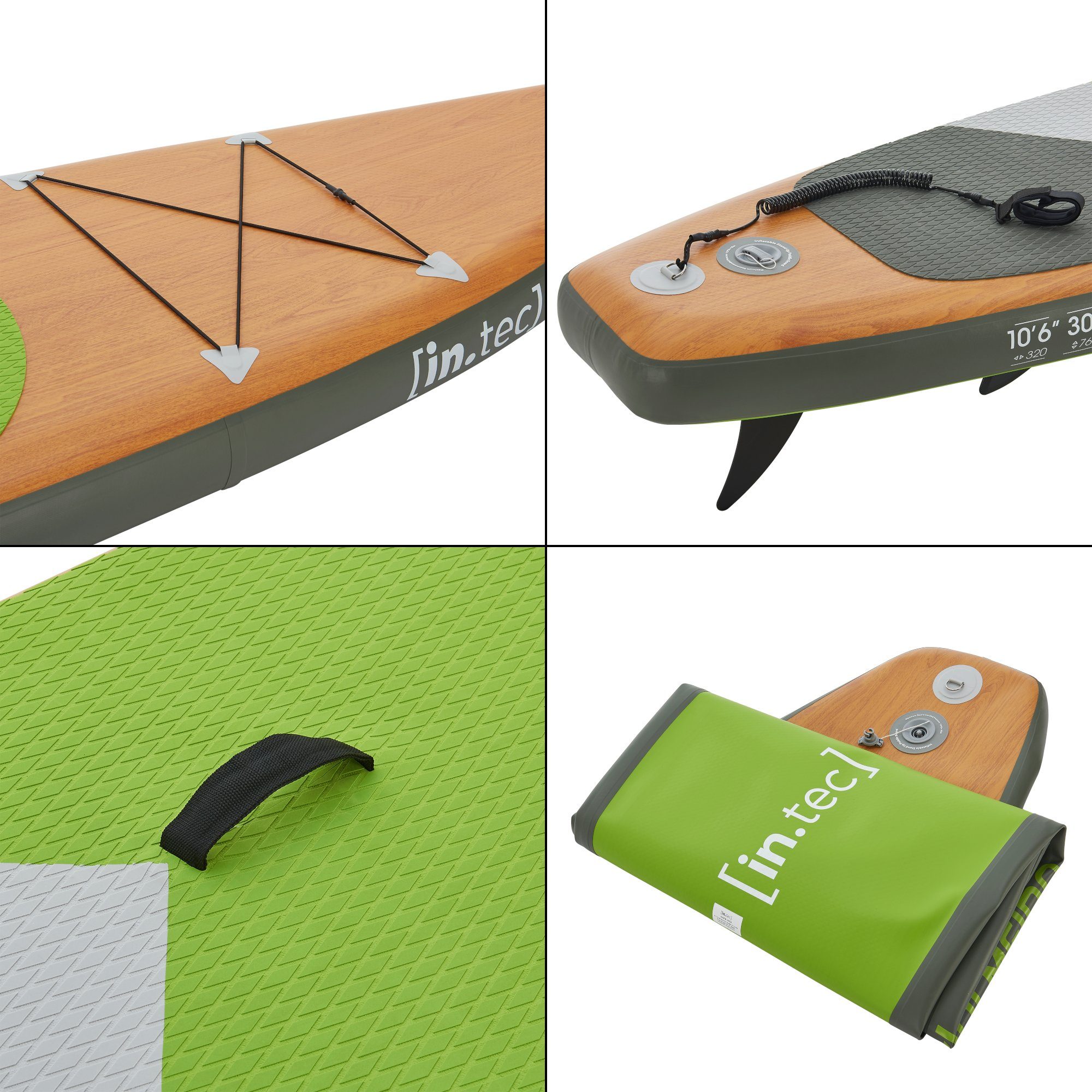 Paddleboard SUP-Board, 320x76x15cm in.tec Palmeira Grün/Holzoptik/Grau