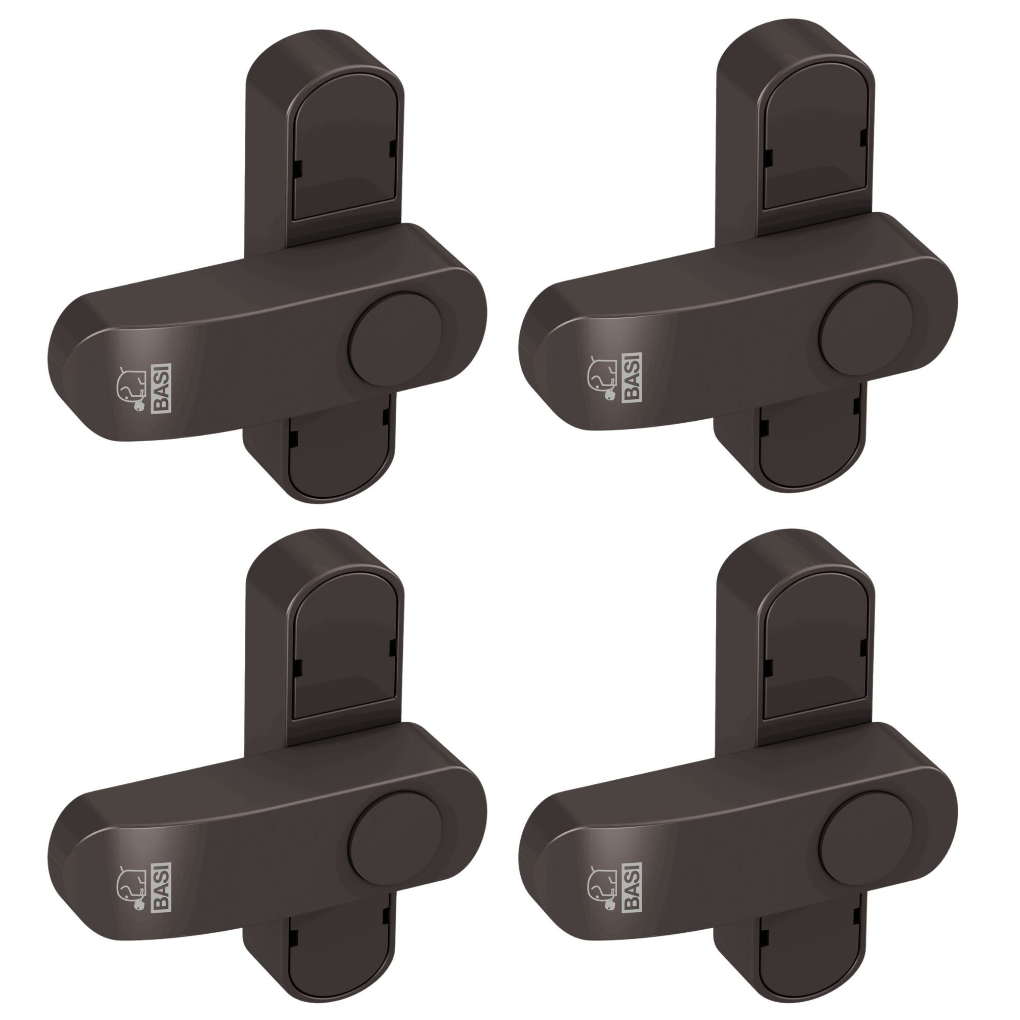 BASI Fensterzusatzschloss Fenstersicherung (Spar-Set, 4 St), 1-flügelige Fenster, Sperrbügel, Druckknopfsicherung, Braun, 4 Stück