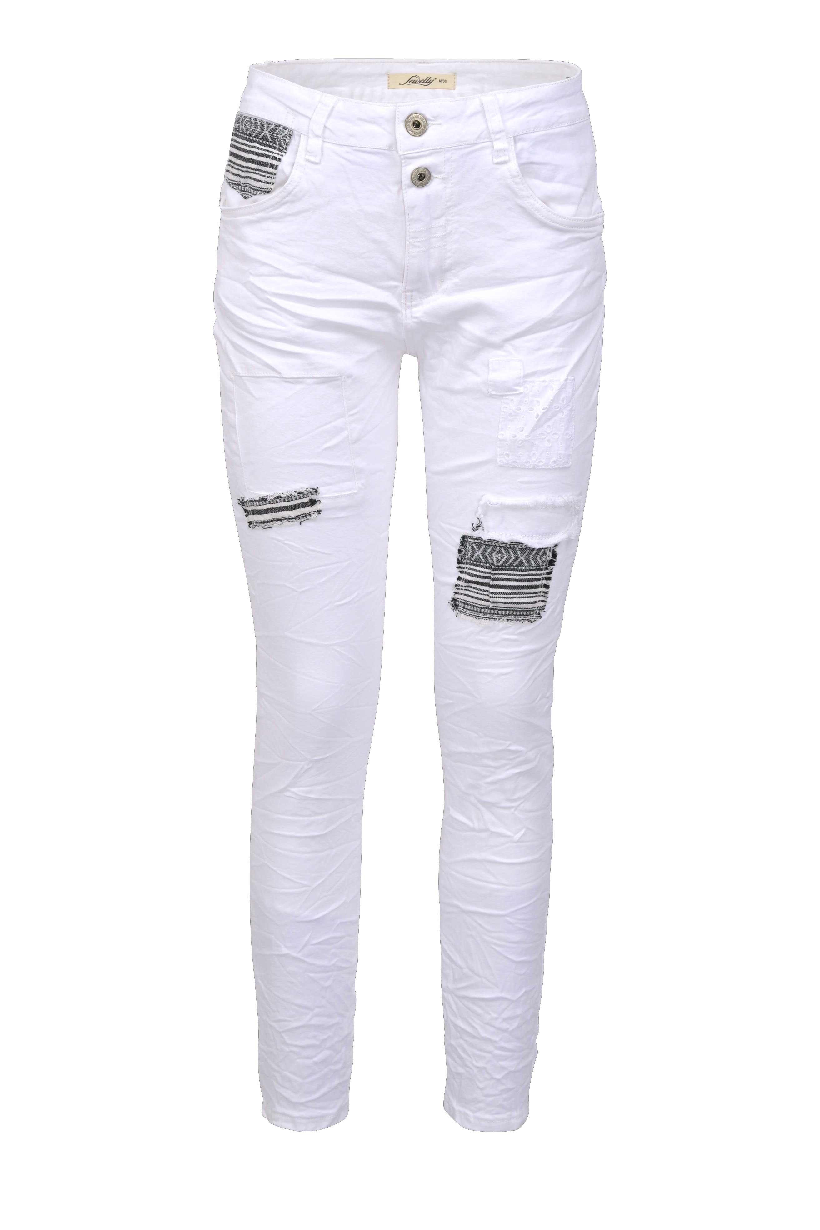 Patches Regular-fit-Jeans Stretch Boyfriend - - Jewelly Aufnäher Jeans Weiß