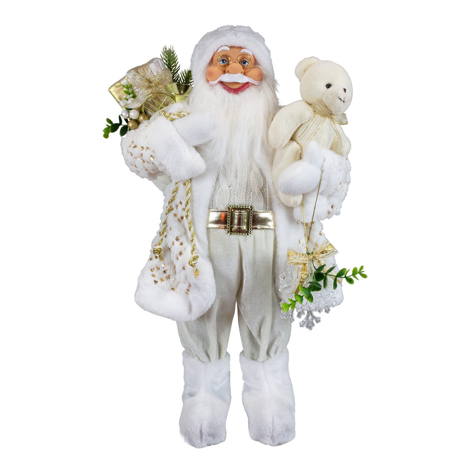 Christmas Paradise Weihnachtsmann stehend 45cm (Santa, 1 St., stehend), weiß-gold mit Teddybär