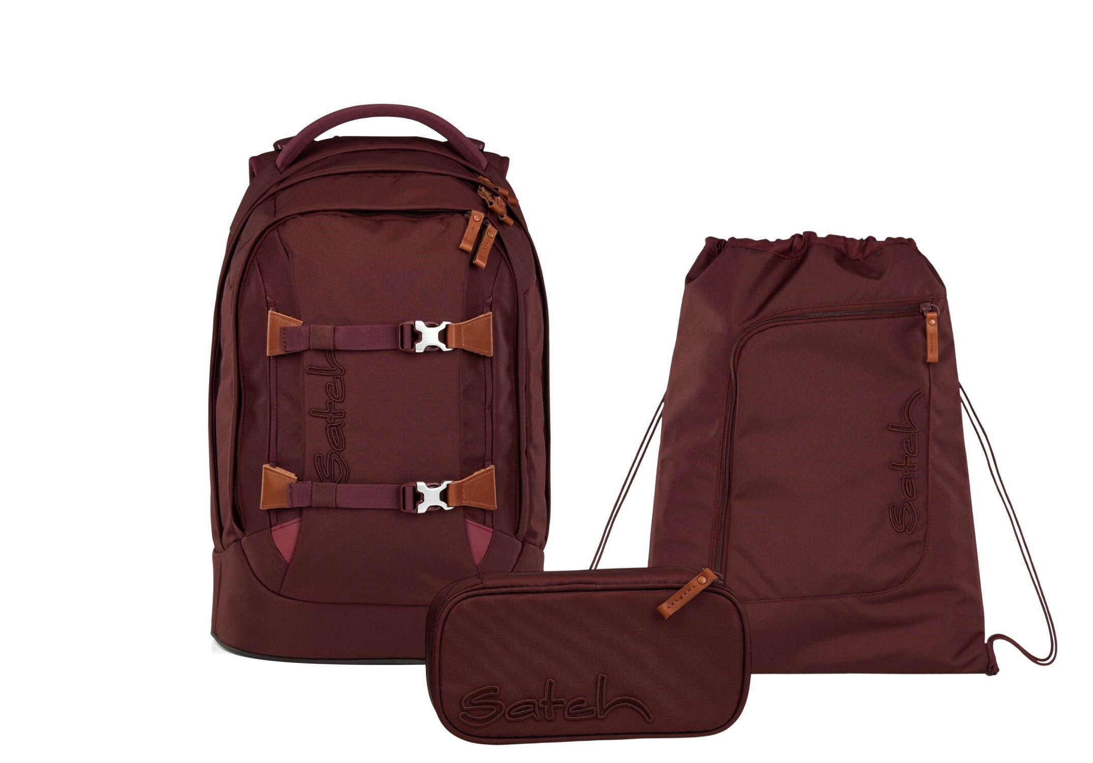 Satch Schulranzen Schulrucksack-Set PACK Nordic Ruby 3-teilig (3-teilig), ergonomisch, Your-Size-System: auf Körpergröße anpassbar