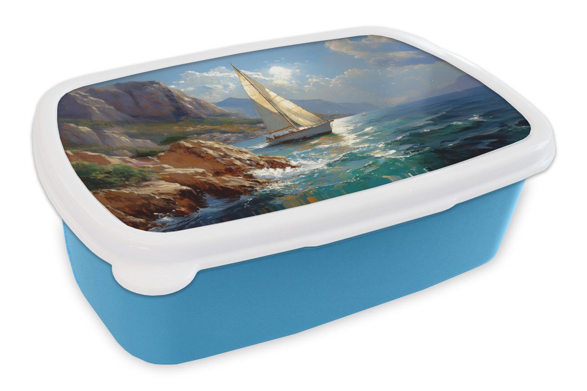 MuchoWow Lunchbox Segelschiff - Meer - Felsen - Wolken, Kunststoff, (2-tlg), Brotdose, Lunchbox, Brotbox für Kinder und Erwachsene