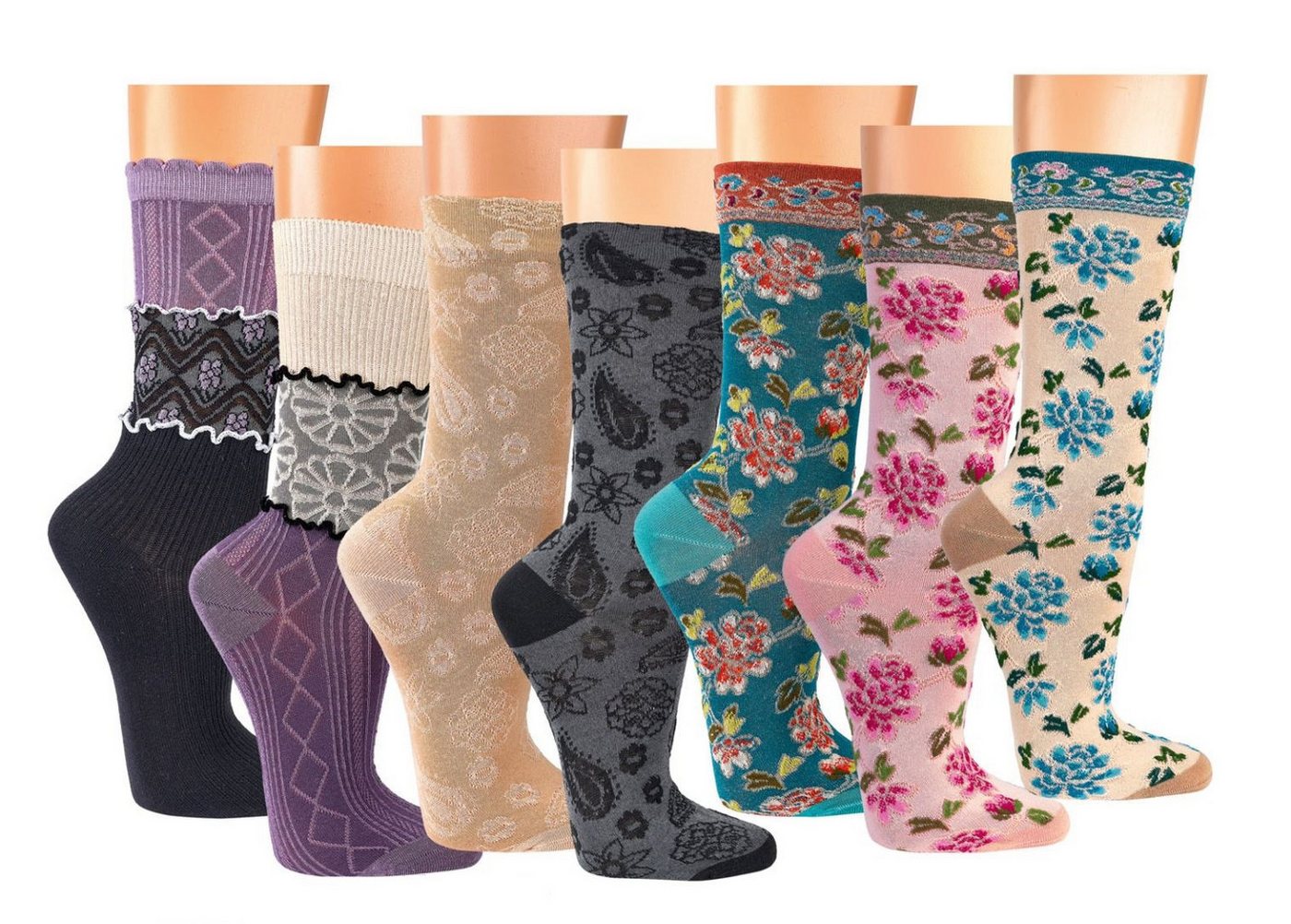 TippTexx 24 Freizeitsocken 6 Paar edle Romantik-Söckchen, Damensocken im Landhaus-Stil (6 Paar) mit verspielten Romantik-Designs