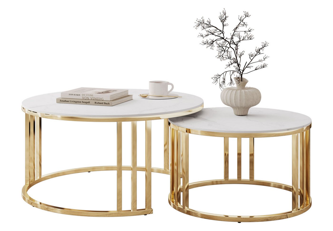 Lookway Couchtisch LIRA 2in1 mit goldfarbenem Gestell und Marmorplatte (2er-Set), Durchmesser: ⌀80 cm und ⌀60 cm, Höhe: 40 cm und 35 cm