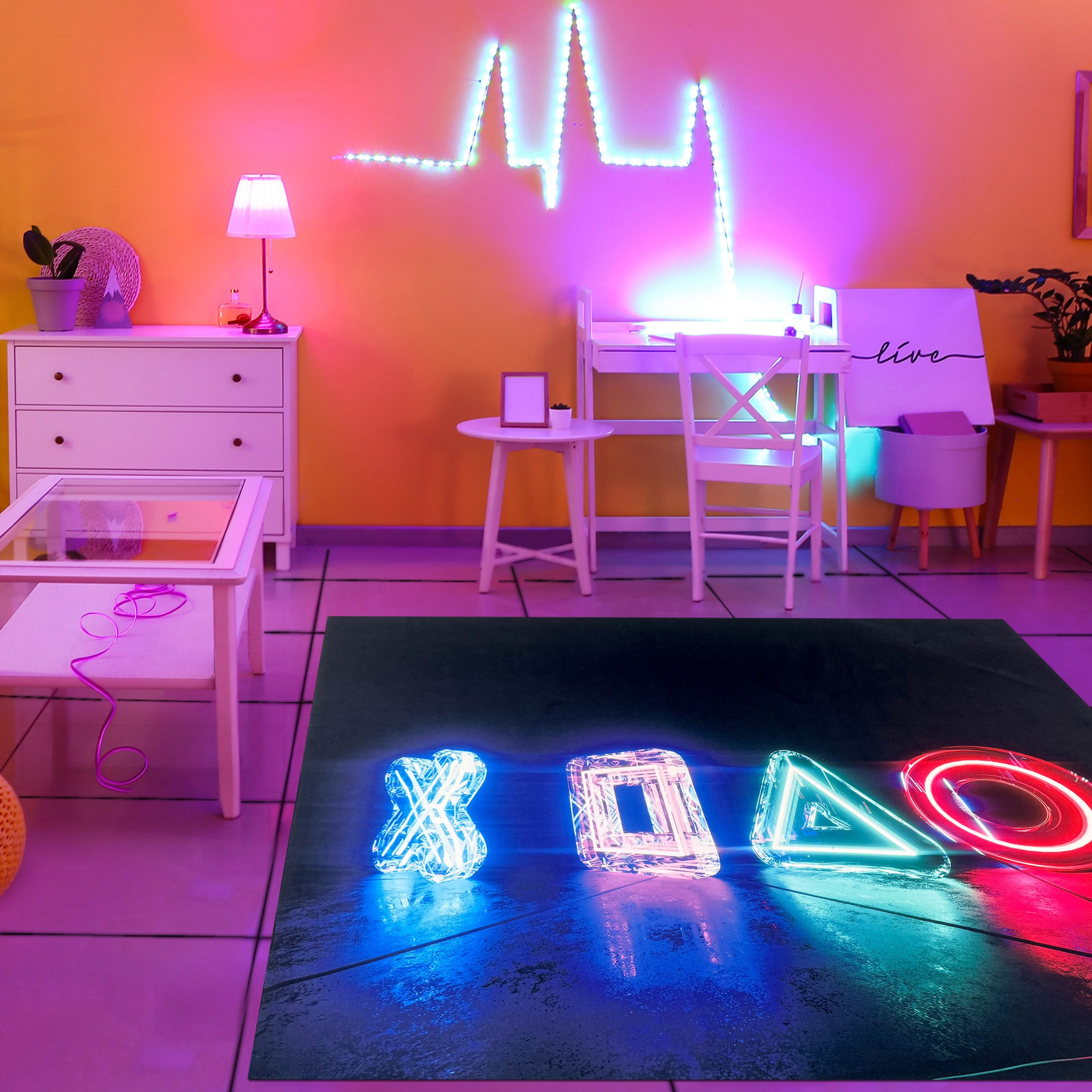 TeppichHome24 Kinderteppich Gamingteppich rutschfest mit Neonfarbenen Symbolen als Muster, rechteckig
