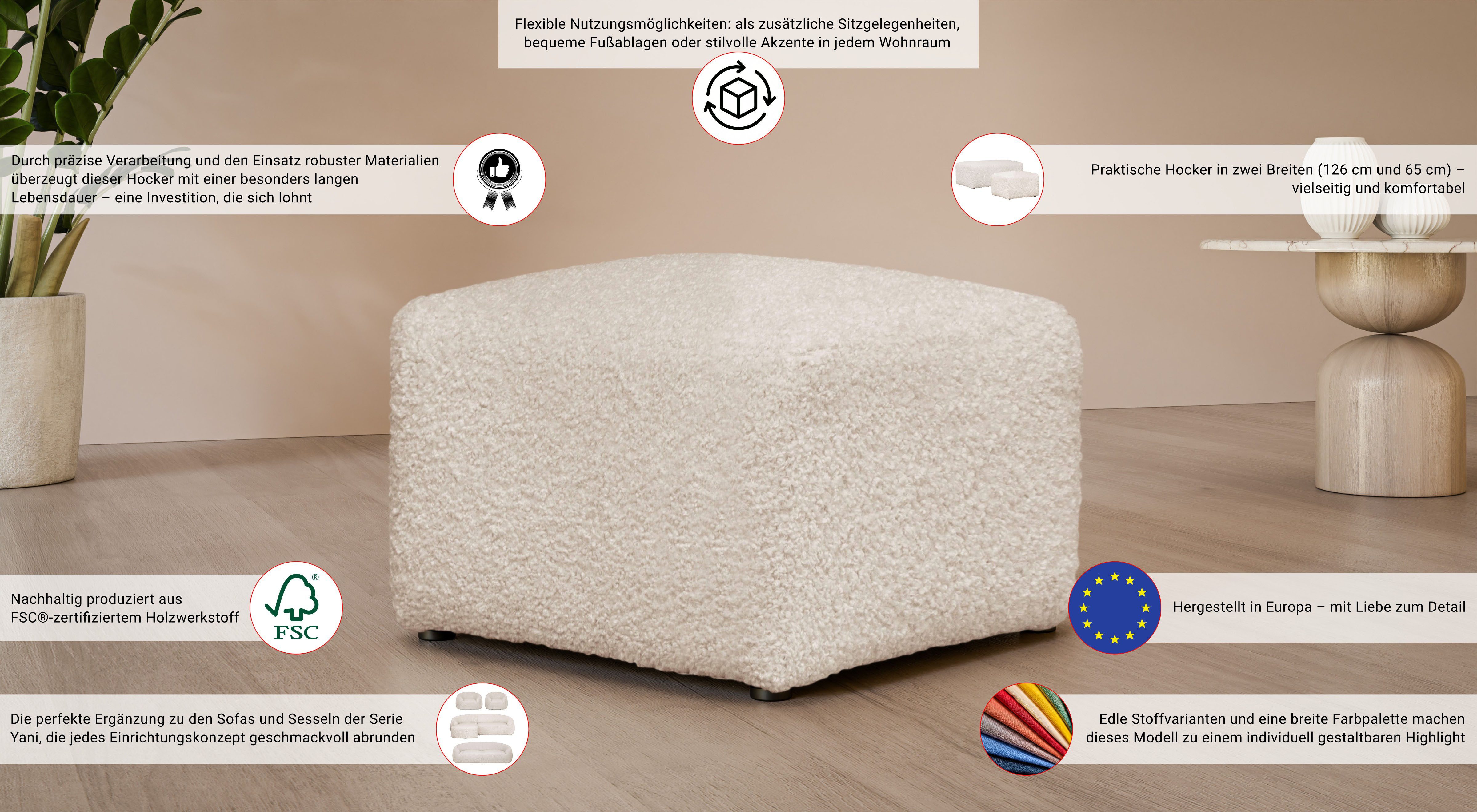 LeGer Home by Lena Gercke Polsterhocker YANI Sitzhocker mit Wellenunterfederung, Maße B/T/H: 65/65/46 cm, kleiner Hocker passend zur Serie Yani, in hochwertiger Verarbeitung