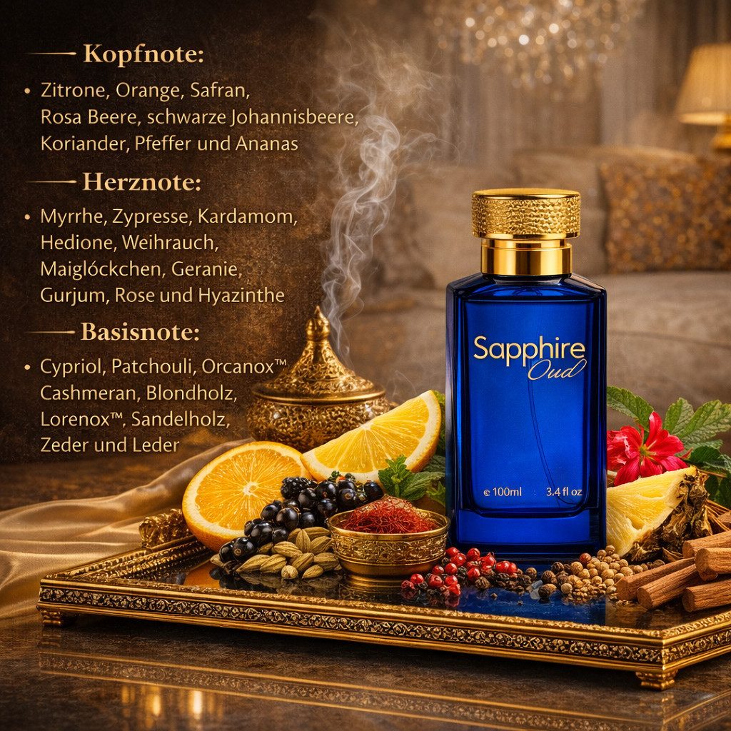Attar & Co London Eau de Parfum Sapphire Oud Classic & Intense Unisex, Zitrone, Orange, Cypriol 100 ml, 1-tlg., Hergestellt in England, Frisch Orientalisch Duft