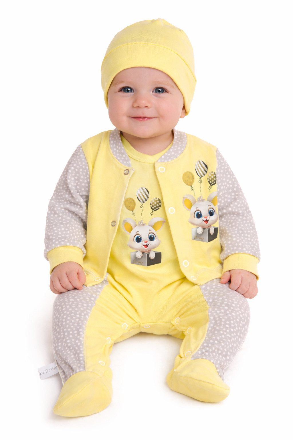 La Bortini Strampler, Jäckchen & Mütze Strampler Mütze und Hemdchen Set Baby Anzug in grün gelb mit Hasen (neutral, für Jungen und Mädchen, Erstlingsset, 3-teilig für Neugeborene) aus reiner Baumwolle, mit Hasen Aufdruck