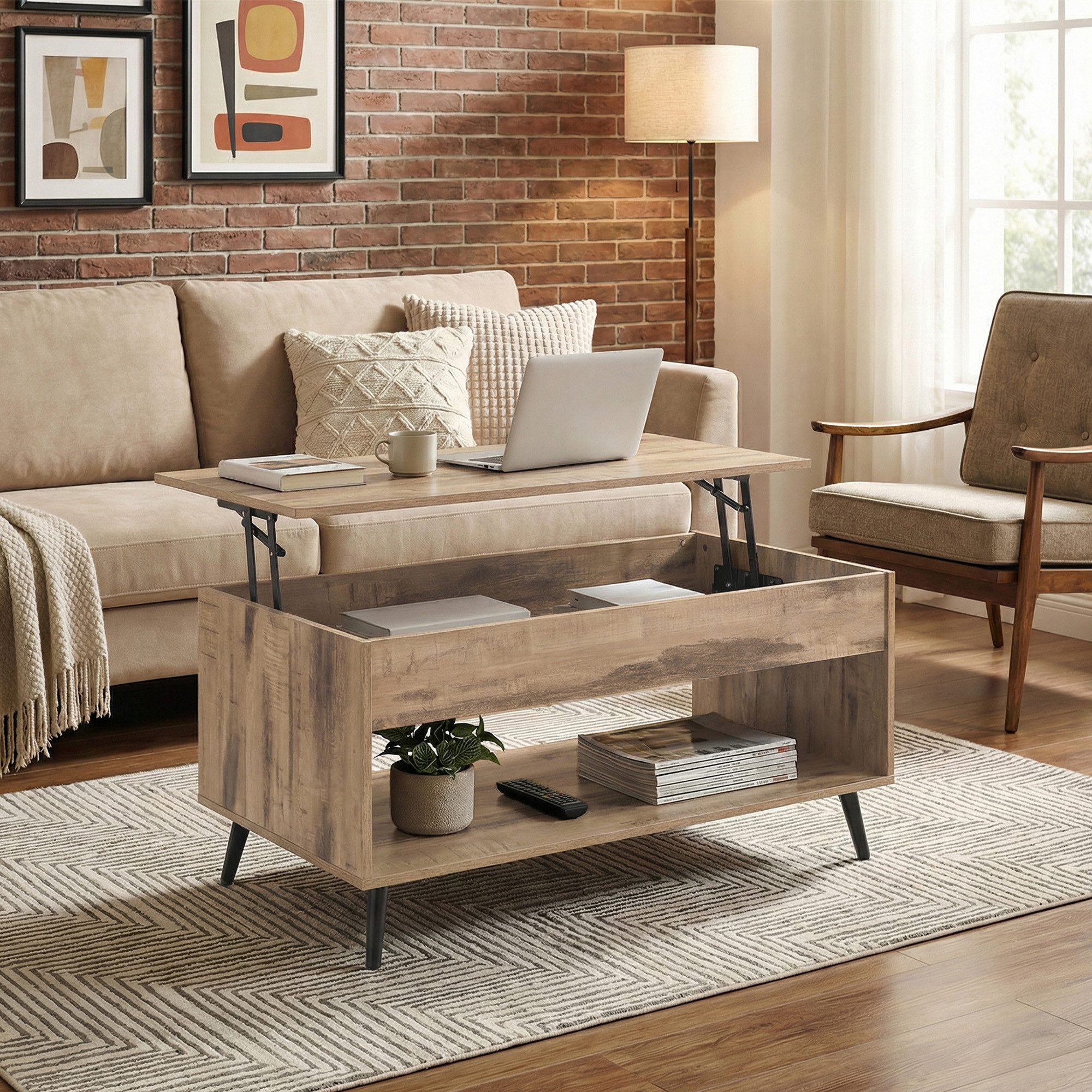 VASAGLE Couchtisch höhenverstellbar, verstecktes Fach, offenes Fach, 50 x 100 x 45/58,5cm (inkl. Zubehörpaket & Anleitung, aufklappbar), Schreibtisch, Basis-Höhenverstellung, Wohnzimmertisch, Kaffeetisch