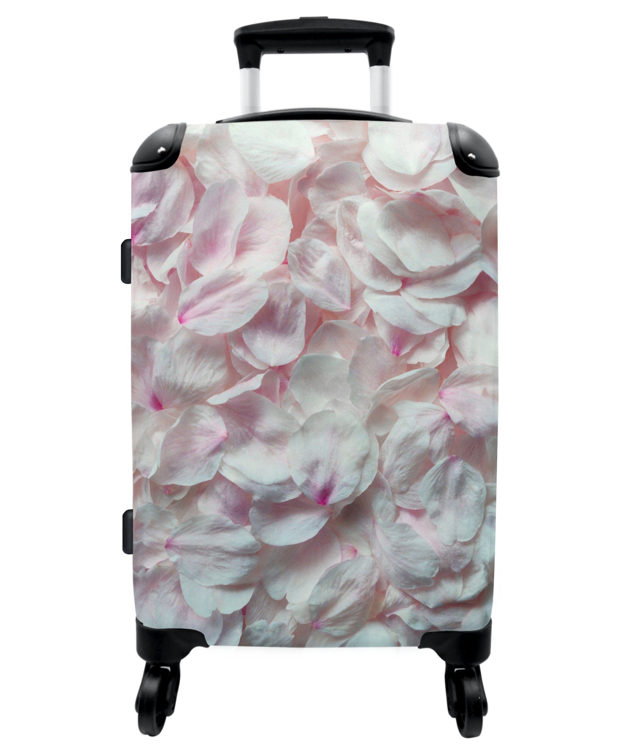 NoBoringSuitcases.com© Koffer 67x43x25cm Blumen - Blütenblätter - Weiß - Rosa - Frauen, 4 Rollen, Aufgabegepäck Trolley Rollkoffer Große Reisekoffer mit 4 Rollen -