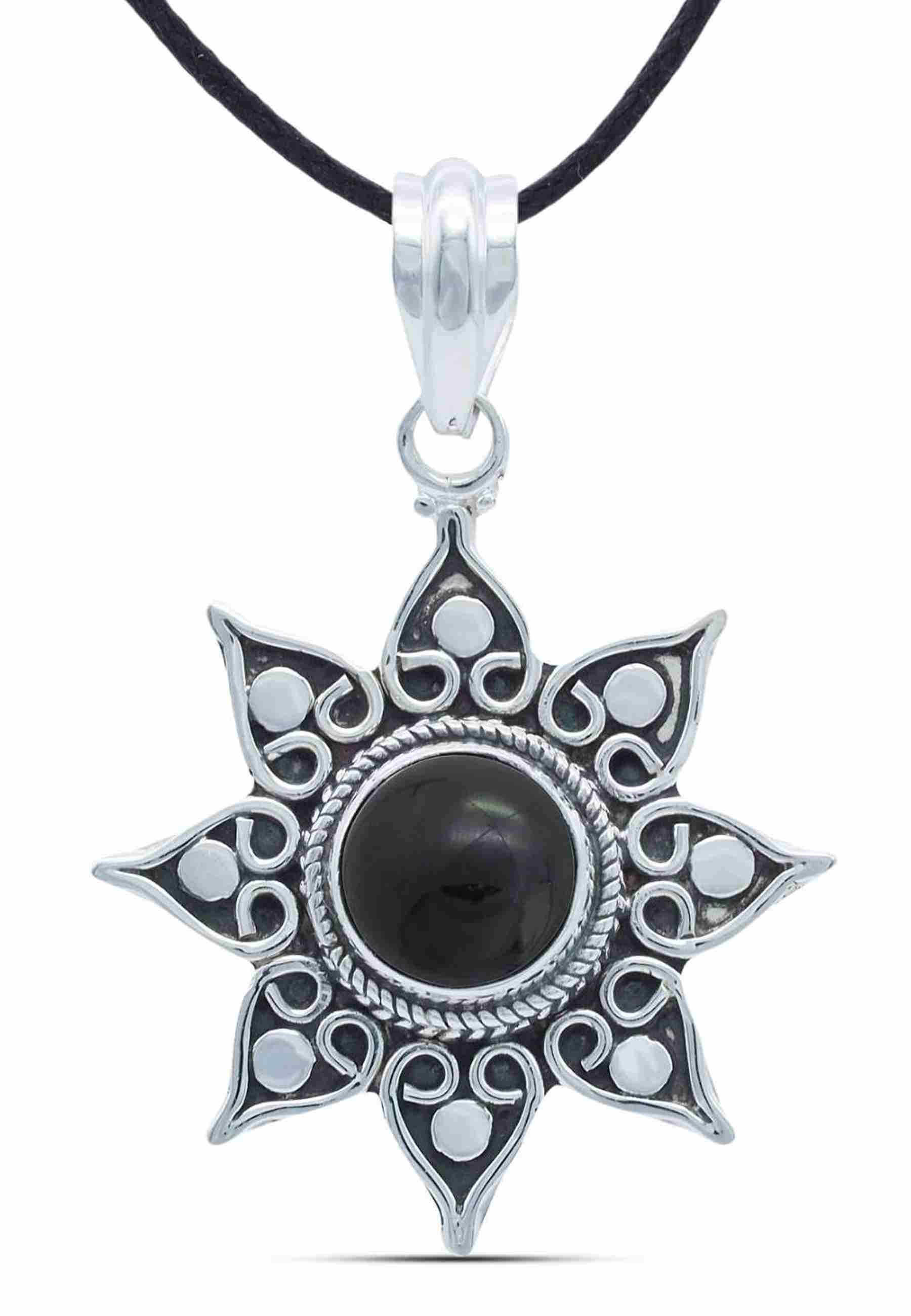mantraroma Kettenanhänger SUNA aus 925 Silber mit Onyx (Kettenanhänger am Baumwollband im Schmuckbeutel), 925 Sterling Silber Kettenanhänger für Damen