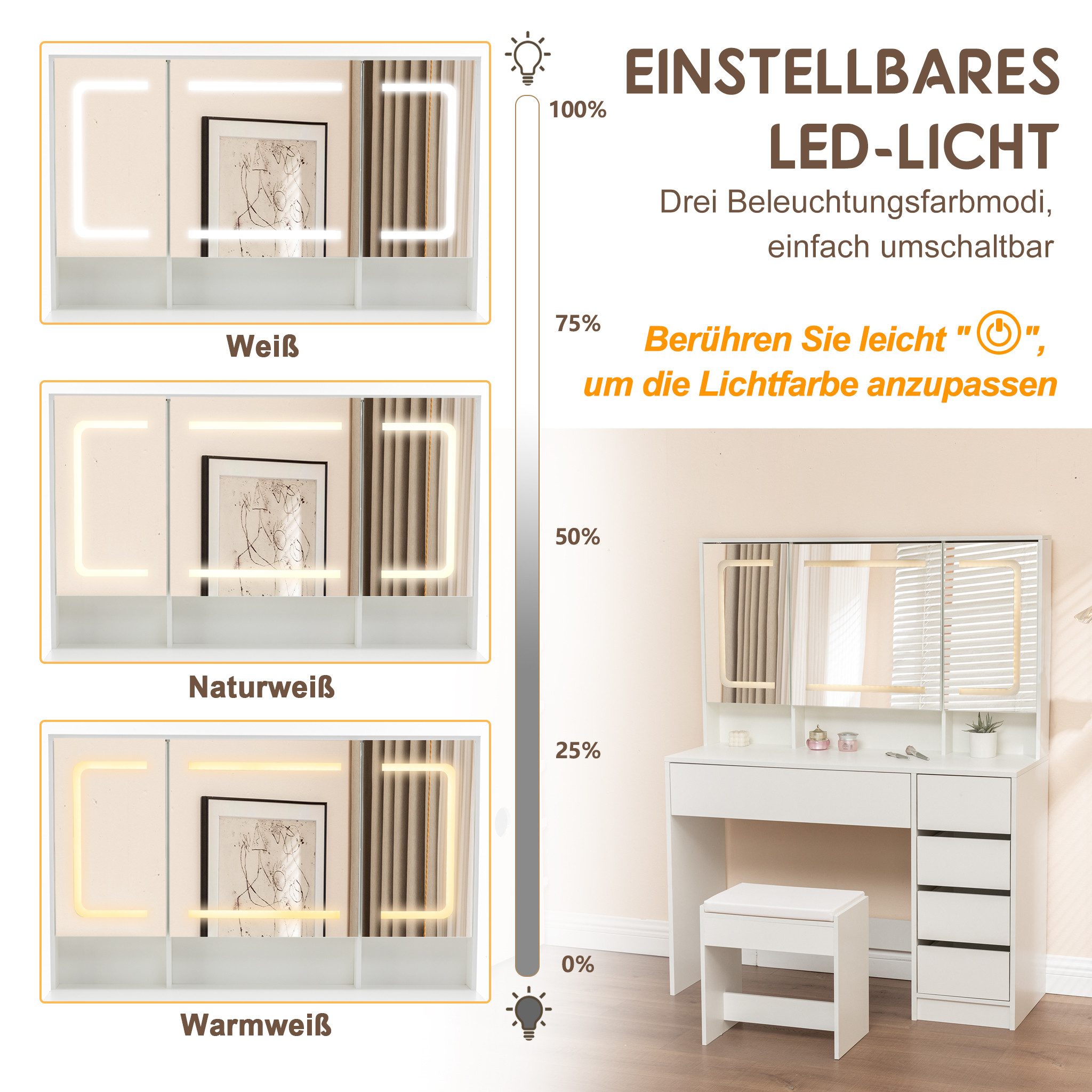 Thanaddo Schminktisch mit verstellbaren LED-Spiegel, Schminktische mit Hocker und Schubladen (Schminktisch mit LED), Mit 9 Fächer zur Aufbewahrung;Mit 3 Helligkeitsstufen