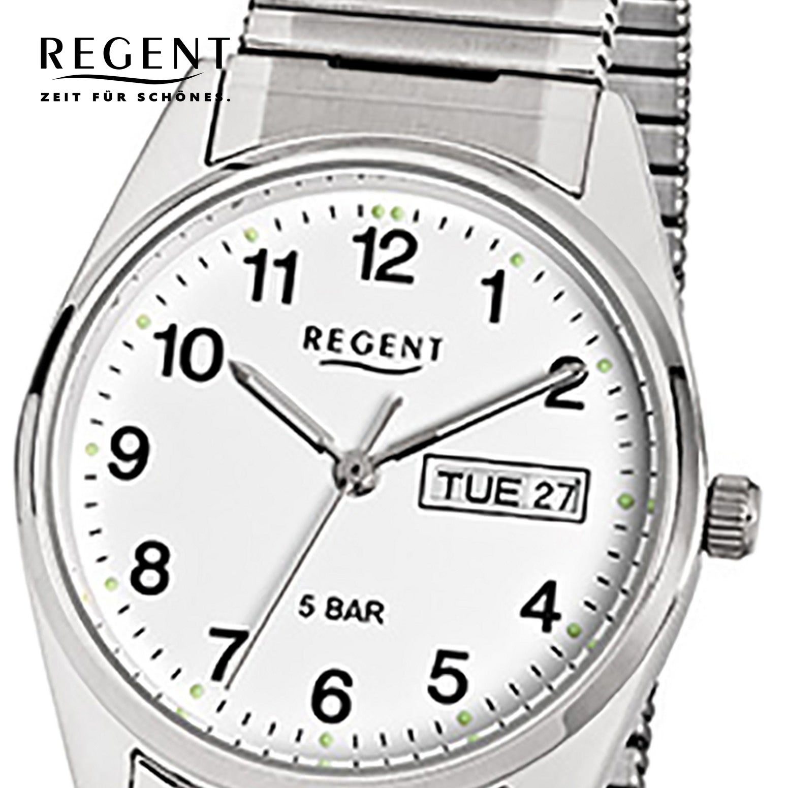 mittel 33mm), Quarzuhr (ca. Herren silber Armbanduhr rund, Regent Edelstahlarmband Herren-Armbanduhr Regent Analog,