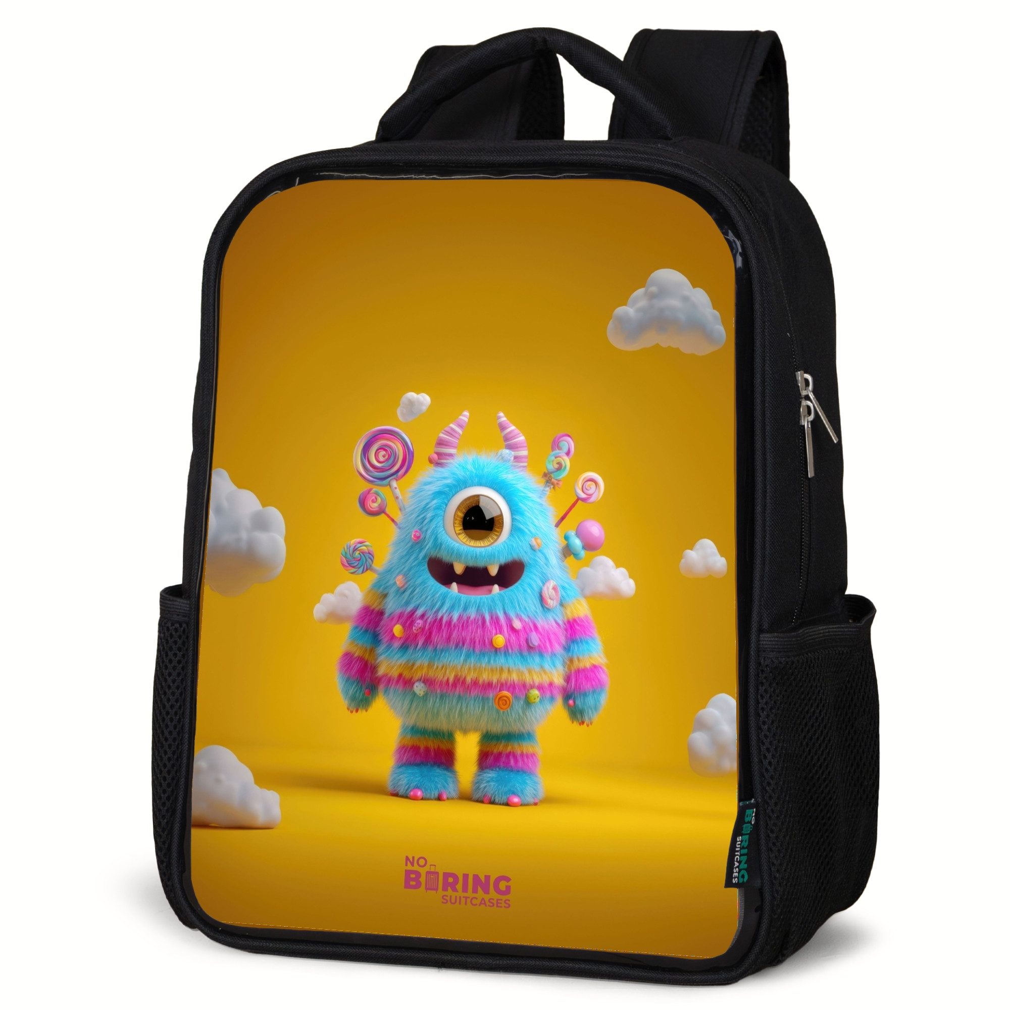 NoBoringSuitcases.com© Rucksack Süßigkeiten - Monster - Regenbogen, Kinderrucksack Schwarz, Schulrucksack, Freizeitrucksack Jungen Mädchen