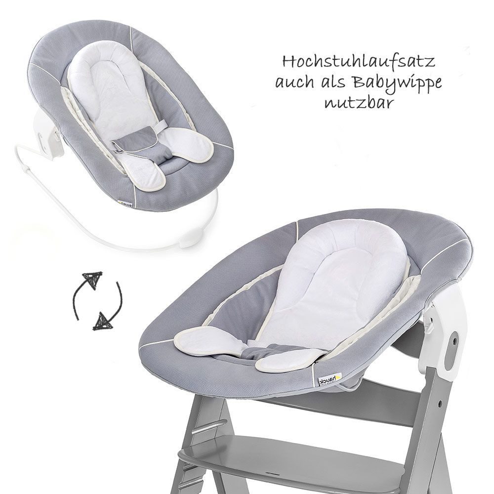 Hauck Hochstuhl Alpha Plus Grey - Newborn Set (Set, 4 St), Holz Babystuhl ab Geburt mit Aufsatz für Neugeborene höhenverstellbar