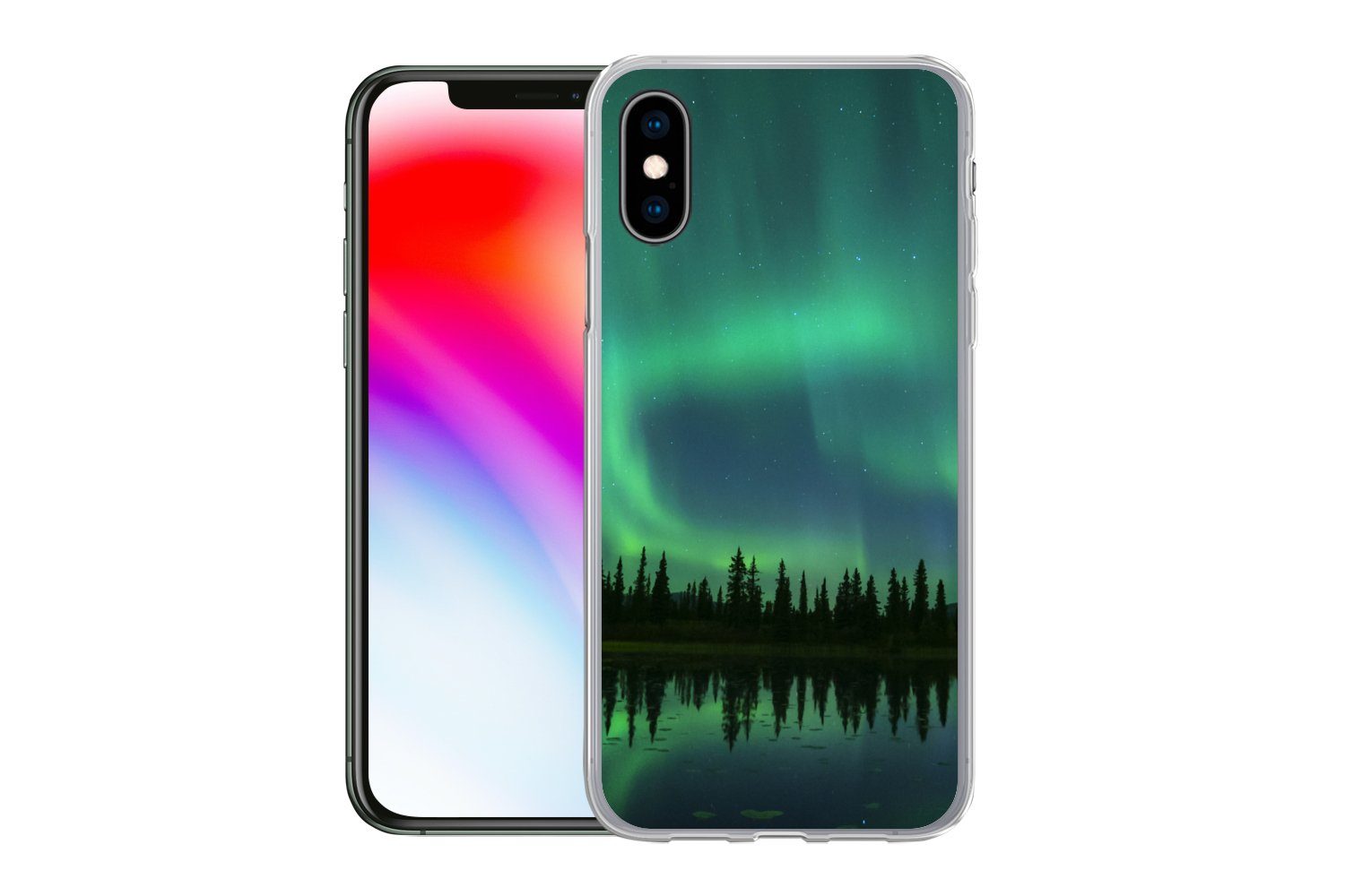 MuchoWow Handyhülle für Apple iPhone X Nordlicht - Bäume - Wasser - Alaska, Smartphone-Bumper, Print, Handy Schutzhülle Dünn