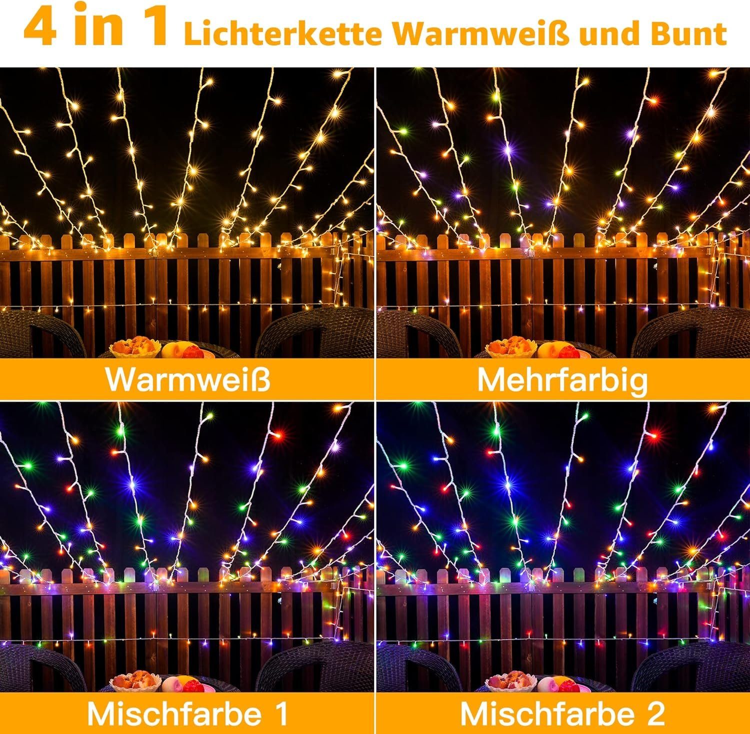 & Warmweiß Vielseitigkeit 100-flammig, Bunt 10m ganzjährige Wetterfest, 4-in-1, Diyarts LED-Lichterkette,