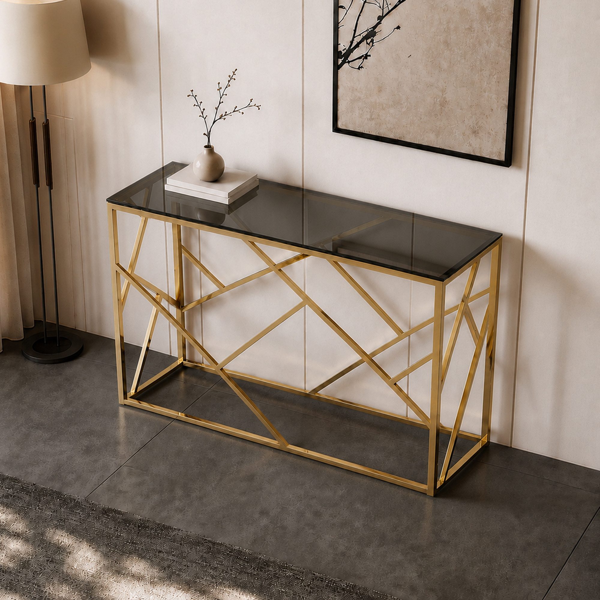 oleyluckidea Konsolentisch 55x55x50 cm Flurtisch mit gehärtetem Glas, Metallgestell Gold (ein Tisch), Eingangstisch Breite 55 cm