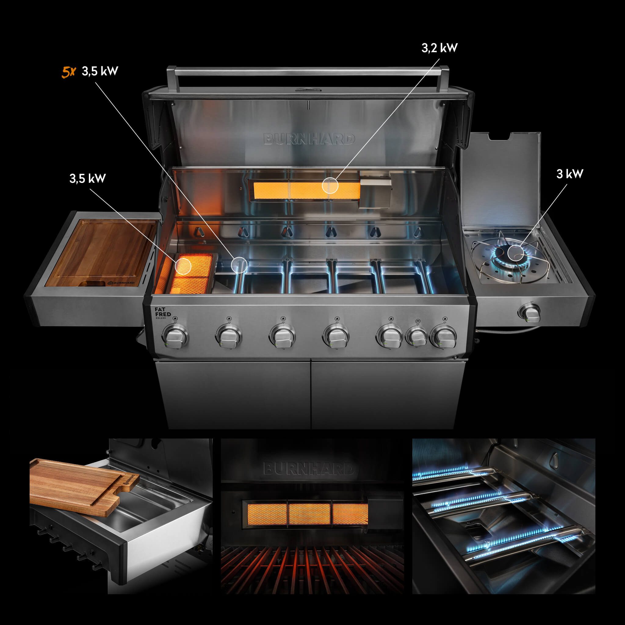 BURNHARD® Gasgrill 6-Brenner, 5x Edelstahl-Stabbrenner, 3,5 kW, Infrarot-Keramikbrenner, Heckbrenner, Seitenkochfeld, große Grillfläche, Piezo-Zündung – Fat FRED Deluxe