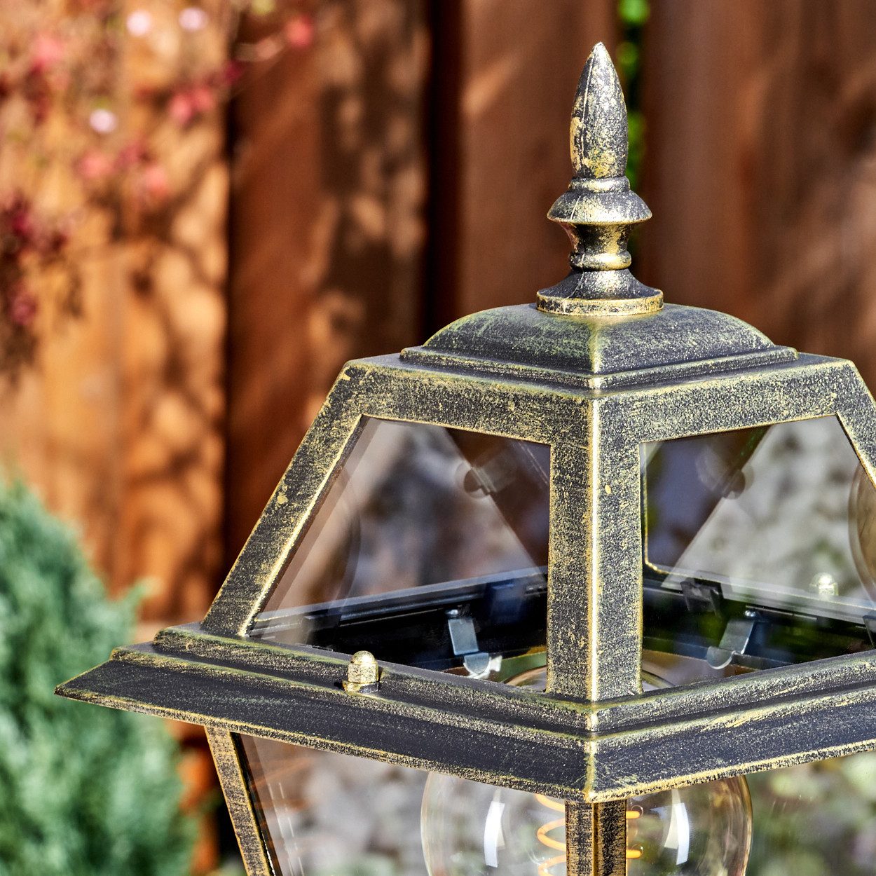 hofstein Pollerleuchte Wegelampe mit Bewegungsmelder aus Metall/Glas in Schwarz/Gold/Klar, ohne Leuchtmittel, Wegeleuchte im modernen Vintage/Antik/Landhaus-Design, E27, IP44