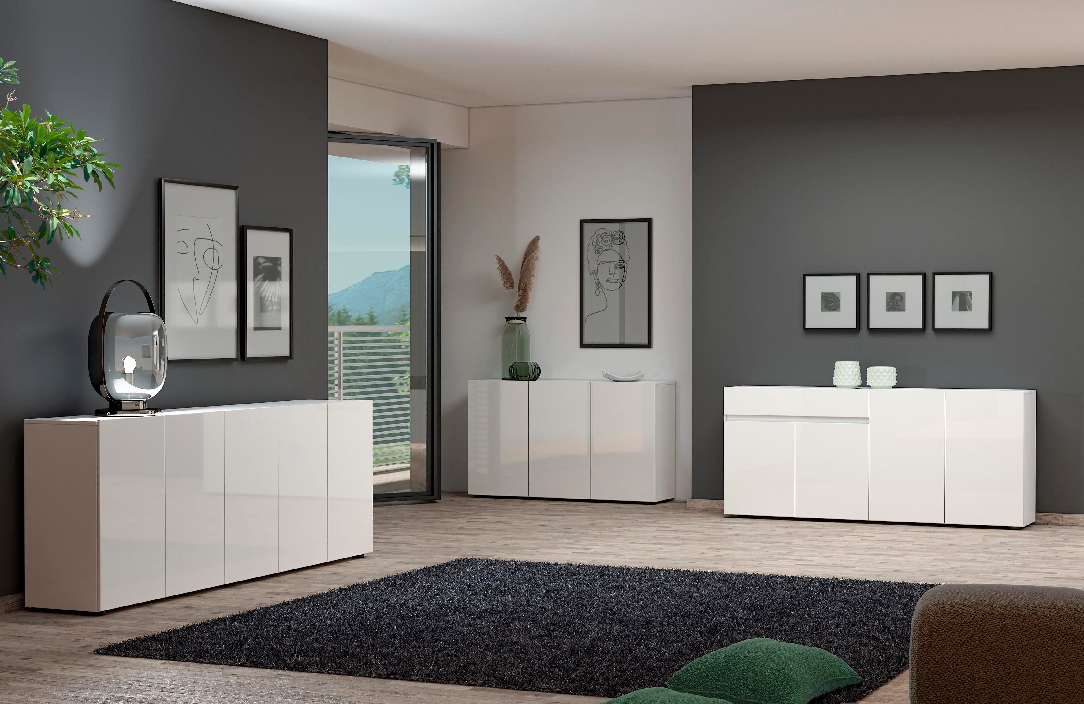 Home affaire Sideboard MISTER – Schrank, Kommode, 225 cm breit, 80 cm hoch, Made in Italy, komplett Hochglanz lackiert, 5 Türen, 6 Fächer