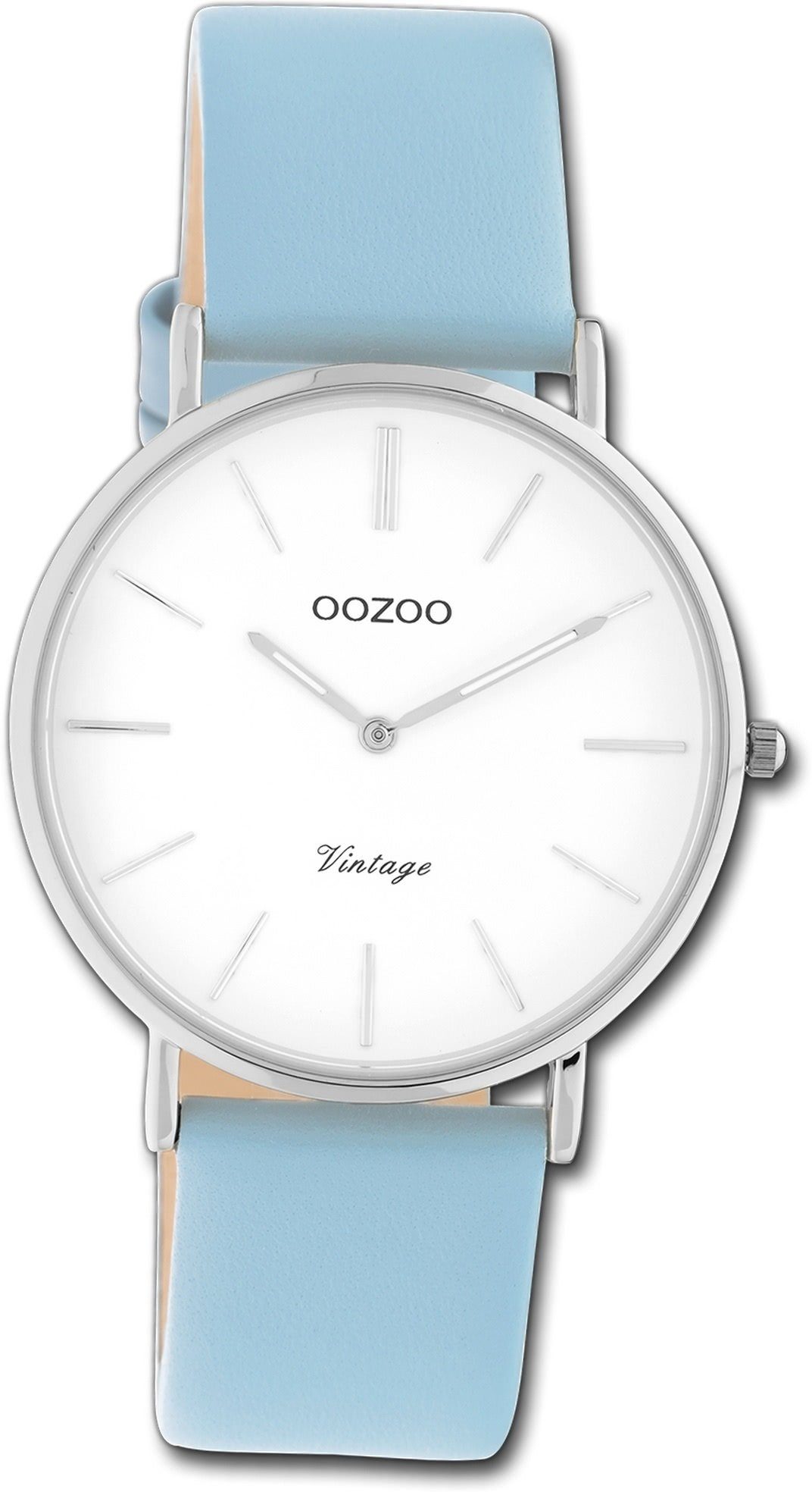OOZOO Quarzuhr Oozoo Damen Armbanduhr Ultra Slim, Damenuhr Lederarmband hellblau, rundes Gehäuse, mittel (ca. 36mm)
