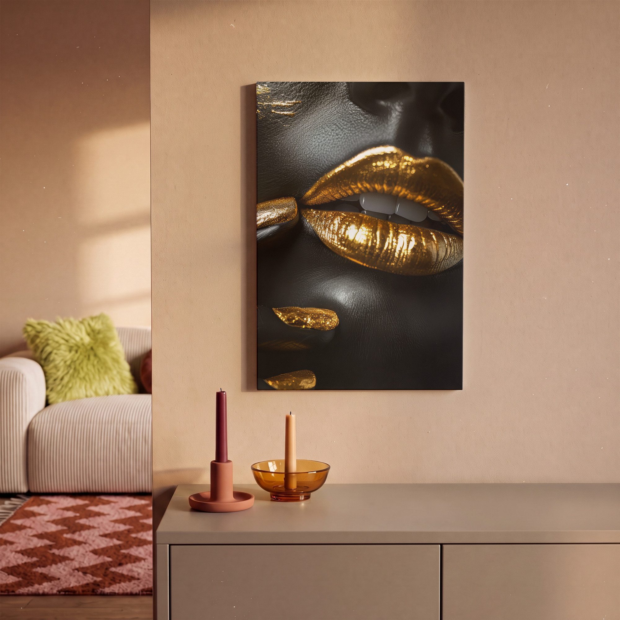 OneMillionCanvasses® Leinwandbild Lippen - Gold - Abstrakt - Schwarz - Frau, Fotodruck (1 St), Leinwand Canvas Wandbild, Wanddekoration 20x30 cm – Bild 2 von 5