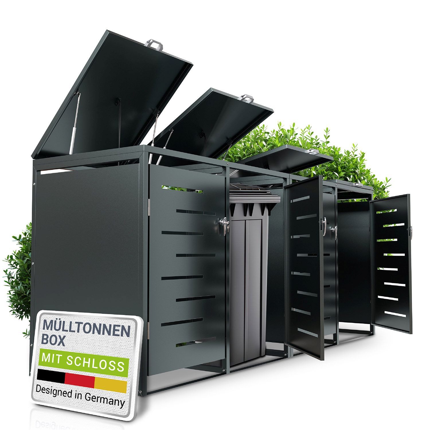 Juskys Mülltonnenbox Arel, 4er Metall Müllbox mit Dach, 120 Liter Tonne, abschließbar & modern