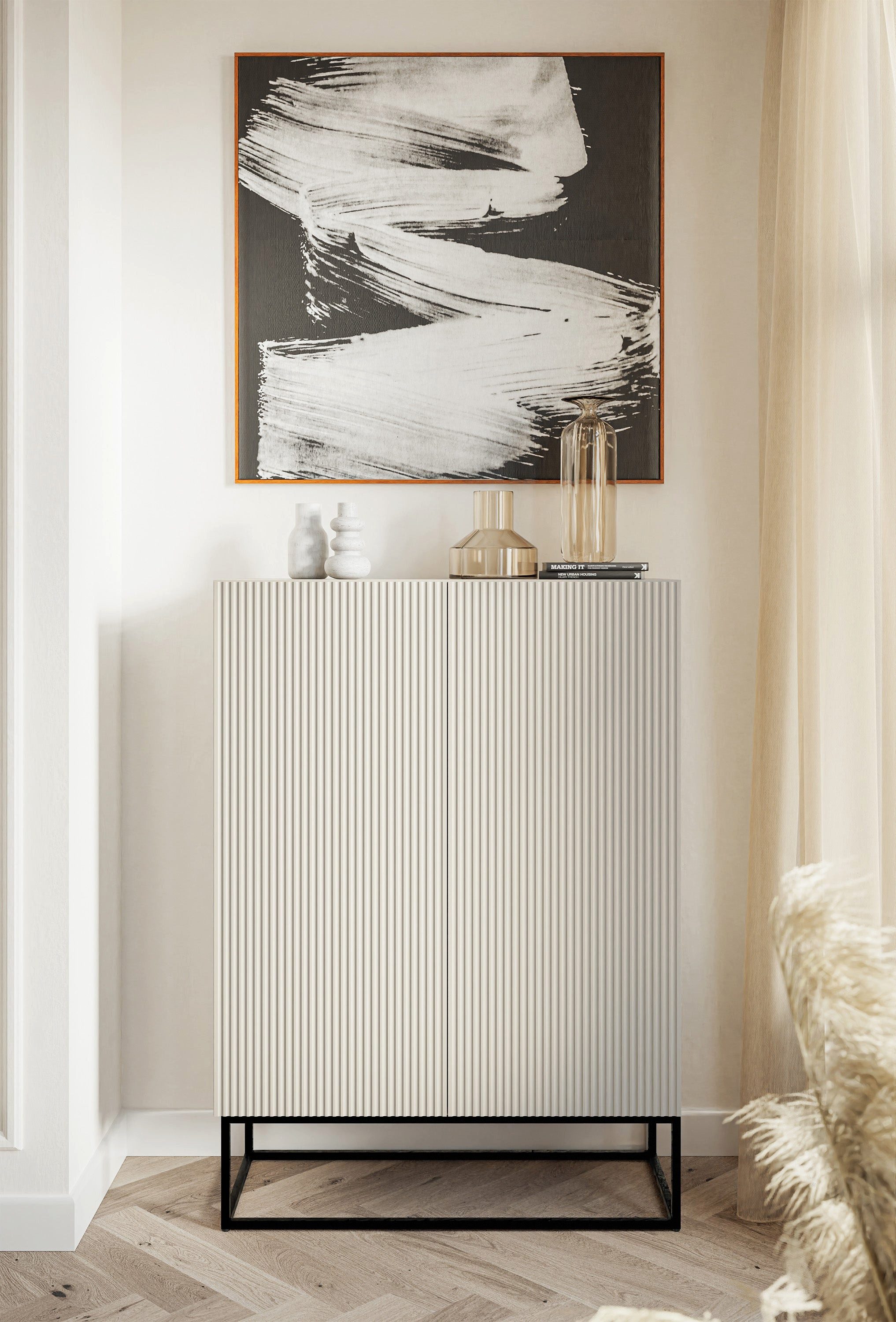 Selsey Highboard VELDIO, Highboard 2-türig mit 3 Fächern, Lamellenfronten und schwarzen Beinen