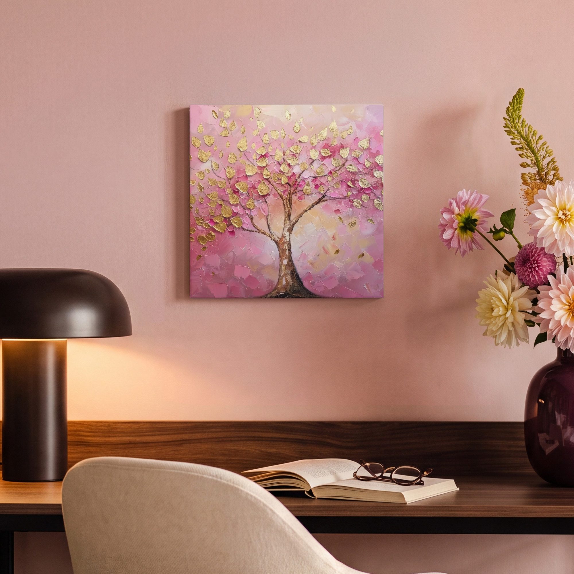 OneMillionCanvasses® Leinwandbild Baum - Rosa - Gold - Modern, Fotodruck (1 St), Leinwand Canvas Wandbild, Wanddekoration 20x30 cm – Bild 4 von 5