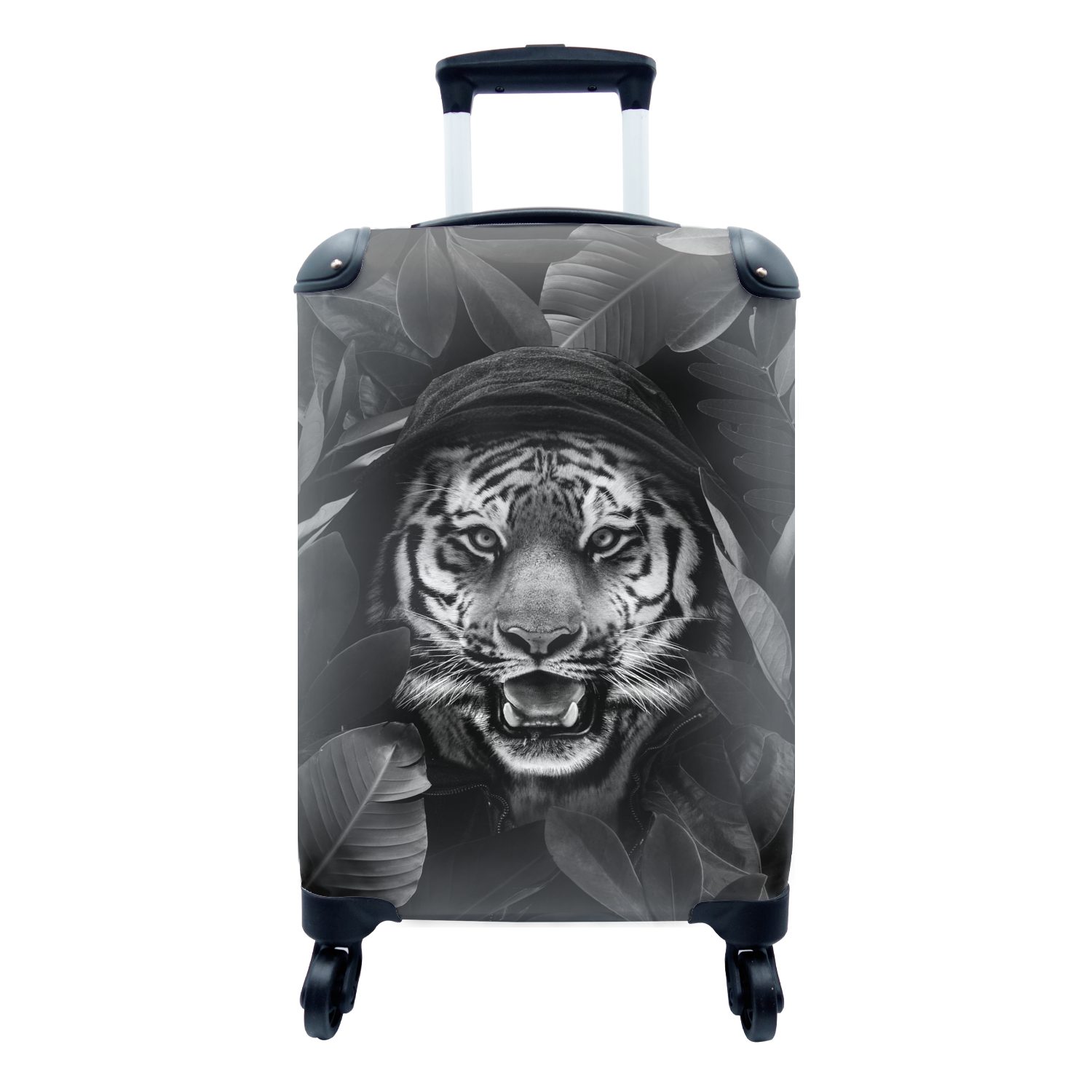 MuchoWow Handgepäckkoffer Tiger mit einer Kapuze zwischen den Blättern - schwarz und weiß, 4 Rollen, Reisetasche mit rollen, Handgepäck für Ferien, Trolley, Reisekoffer