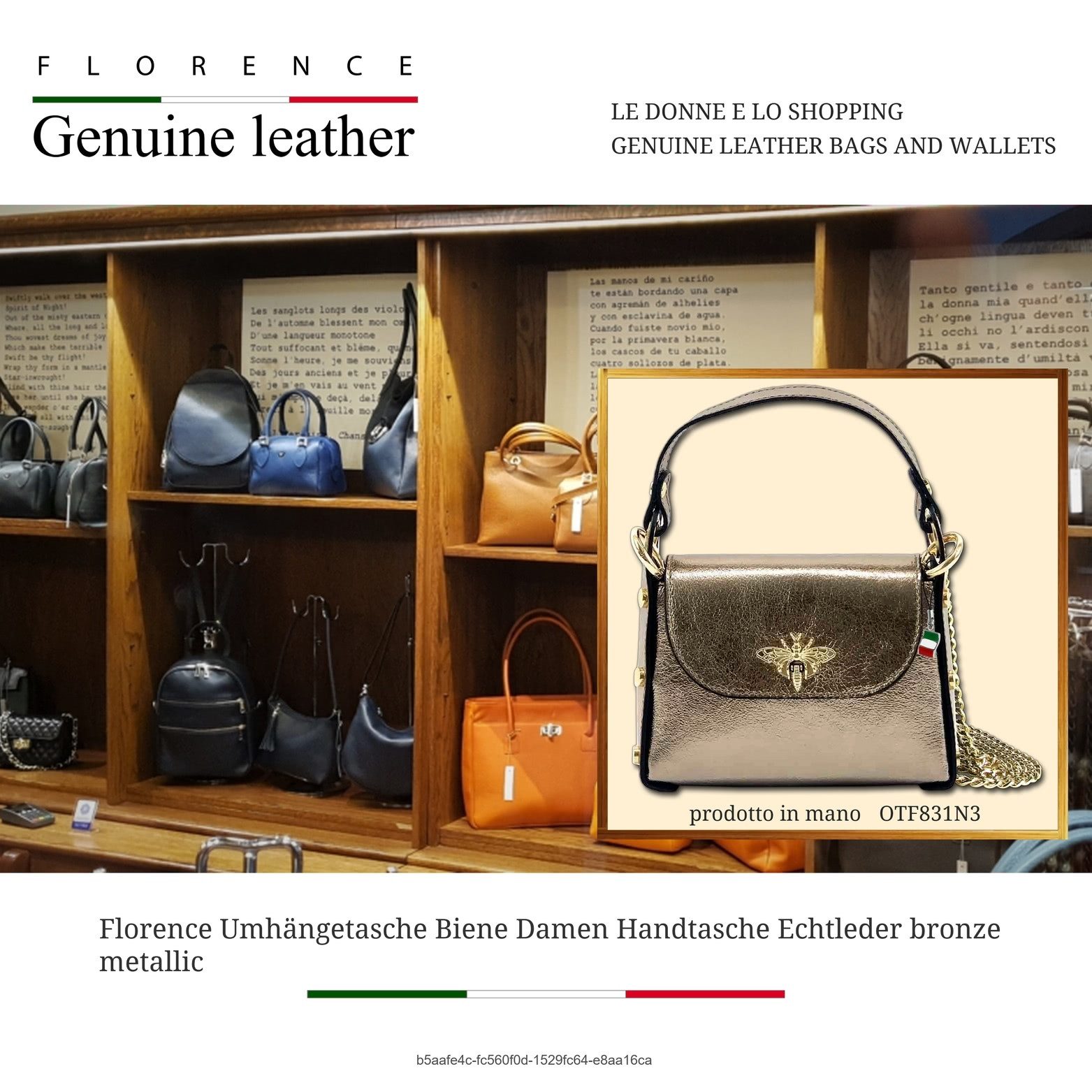 FLORENCE Umhängetasche bronze metallic braun Florence Tasche (Umhängetasche, Umhängetasche), Damen Tasche Echtes Leder bronze metallic, braun, Made-In Italy