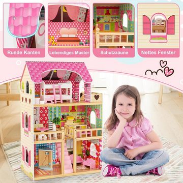 KOMFOTTEU Puppenhaus, multifunktionales Dollhaus mit 6 Zimmer & komplettem Spielzubehör