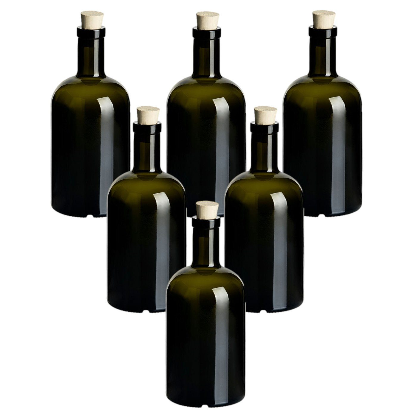 gouveo Trinkflasche Glasflaschen “Klassik” mit Korken - Runde Flasche aus Glas, 6er Set 500ml, Antik, Spitzkorken