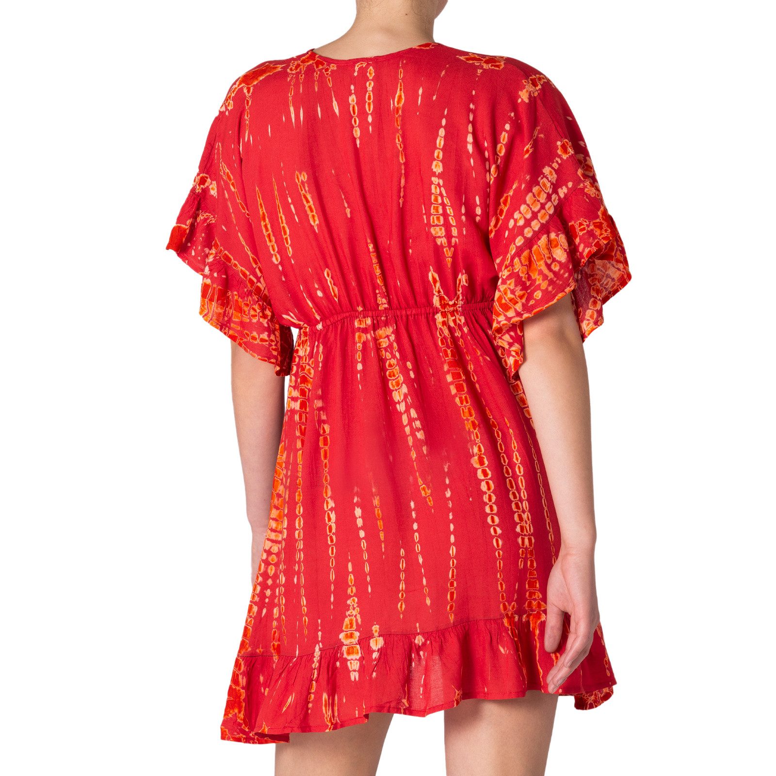 PANASIAM Tunikakleid kurzes Sommerkleid aus natürlicher Viskose mit V Ausschnitt Boho-Kleid Damen Strandkleid Minidress mit Volants Ethno Beach Dress Tunikakleid