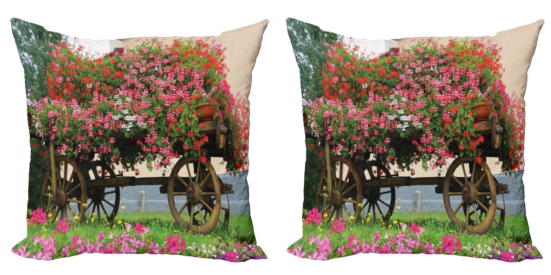 Kissenbezüge Modern Accent Doppelseitiger Digitaldruck, Abakuhaus (2 Stück), Pelargonien Blumen in Holz Wagon