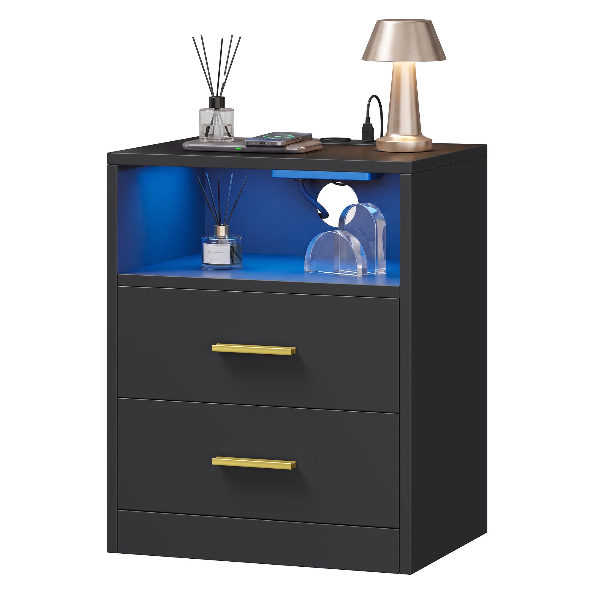 VASAGLE Nachttisch mit Ladestation, LED-Beleuchtung und Schubladen, Beistelltisch, modern, 2 AC-Steckdosen und USB-Anschlüssen, 1er Set
