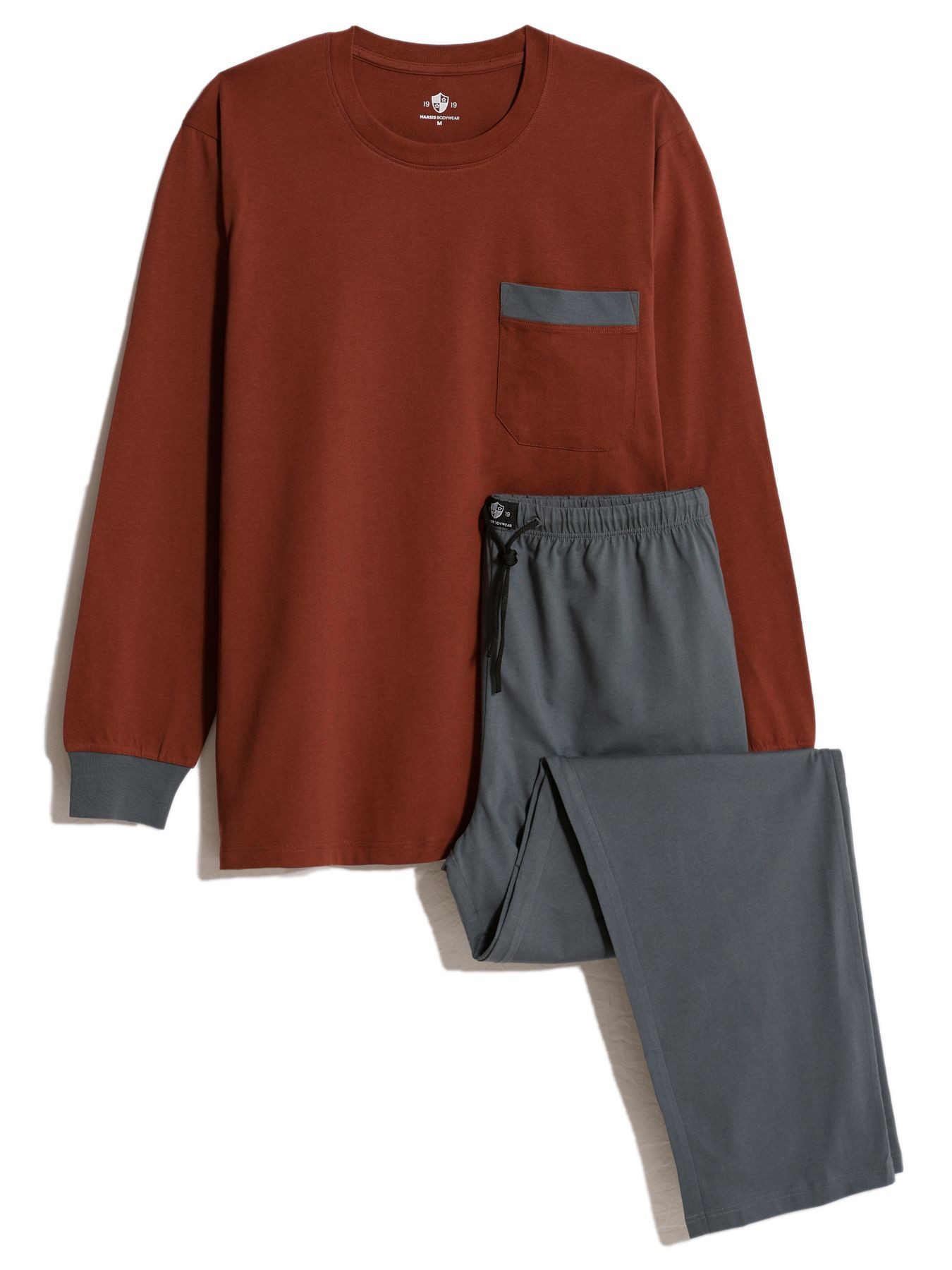 HAASIS Bodywear 1919 Pyjama Herren Pyjama 77110922-bordeaux/grau (1 tlg) Pyjama, Rundhals, Brusttasche, Hose m. Seitentasche