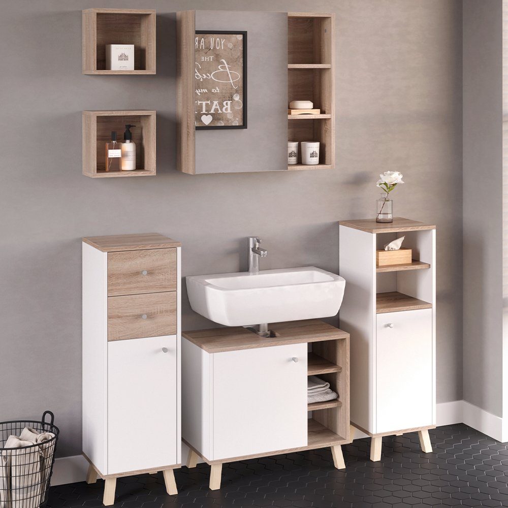Vicco Badmöbel-Set Senyo, Weiß/Sonoma, 5 Teile, mit Regalen, (6-er Set, 6-St., 6-er Set)