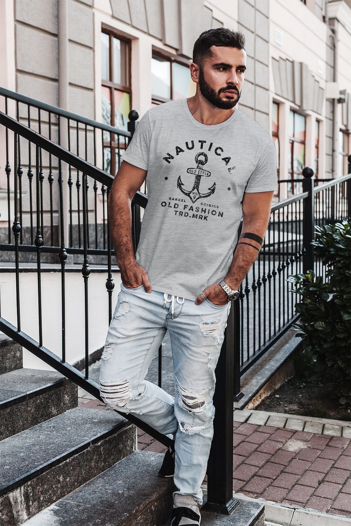 Neverless Print-Shirt Neverless® Herren T-Shirt Anker Motiv Schriftzug Nautical Old Fashion mit Print