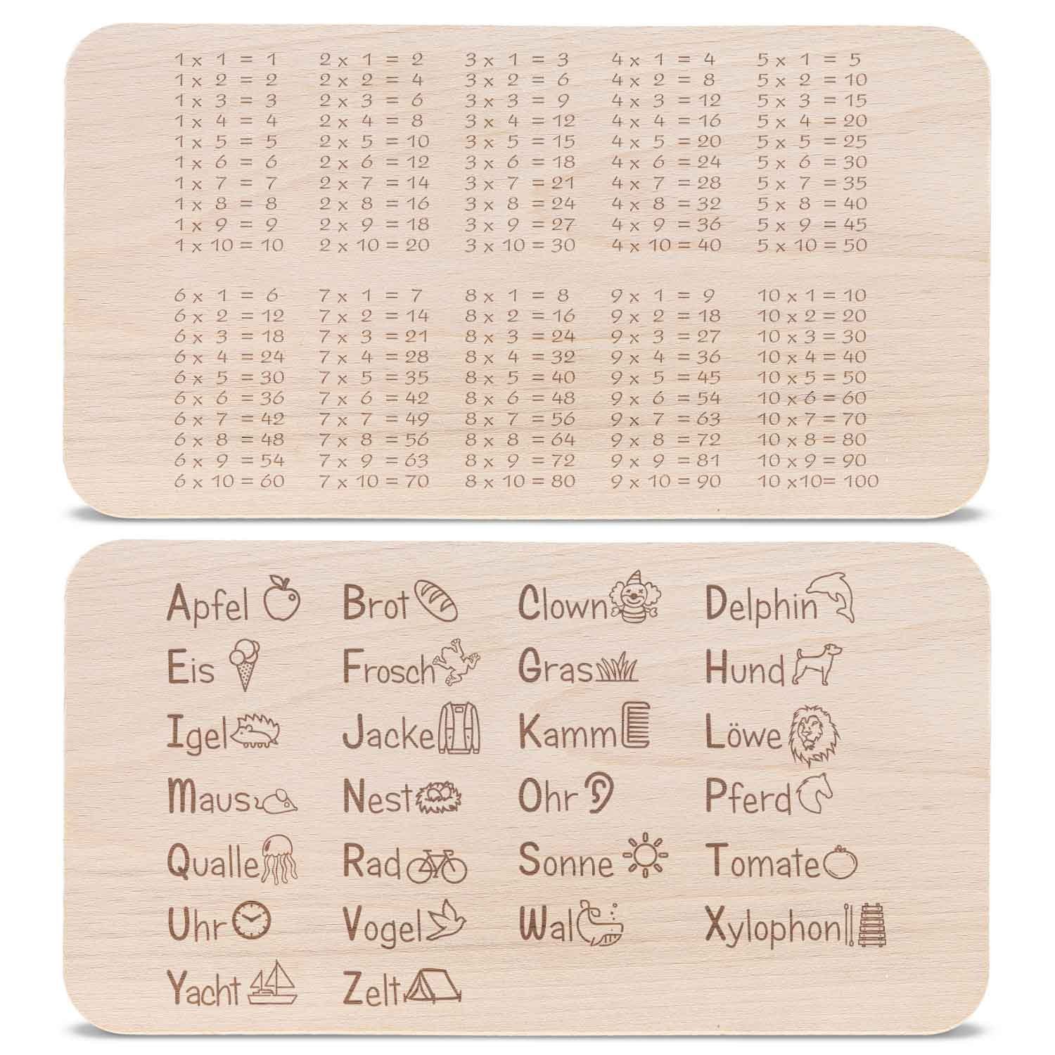 GRAVURZEILE Schneidebrett Frühstücksbrettchen Brettchen für Kinder - 1x1 & ABC im Set, Buchenholz, (Set), Geschenk zur Einschulung zum einfachen lernen